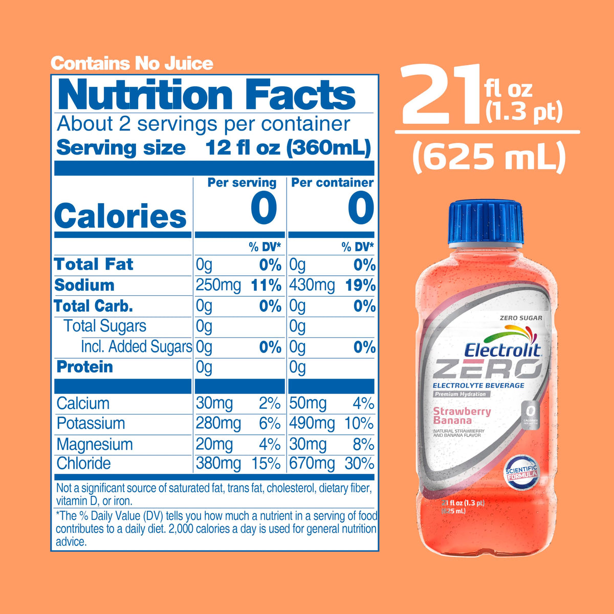 Electrolit Zero Strawberry-Banana Electrolyte Beverage – 21 Fl Oz Bottle Pack of 12