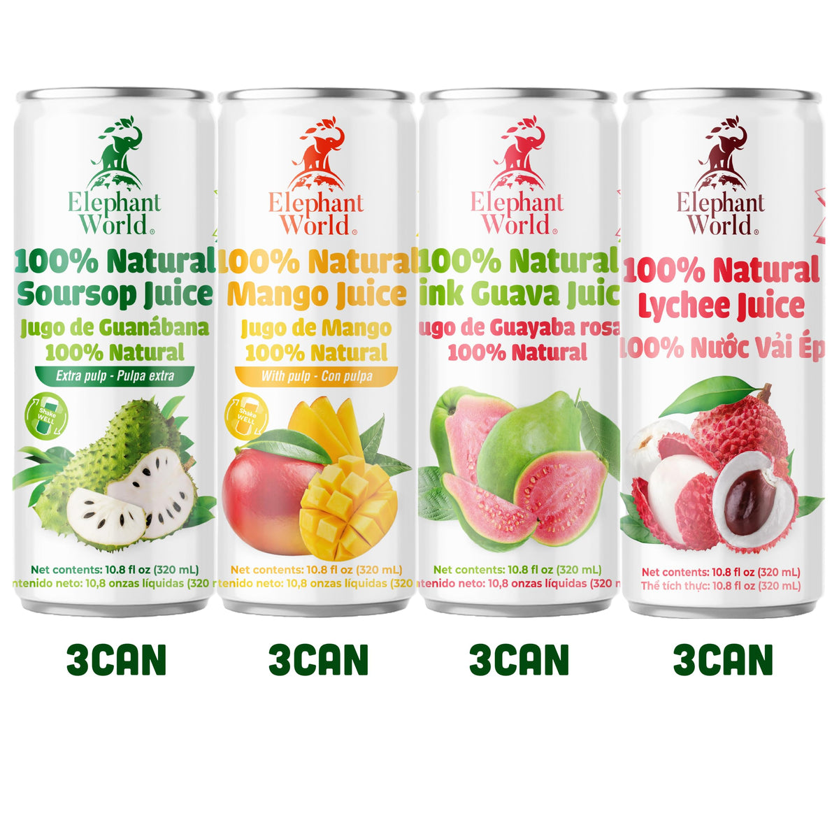 ELEPHANT WORLD 100% Natural Juices – Assorted Superfruits (Soursop, Mango, Guava, Lychee) 12x320ml