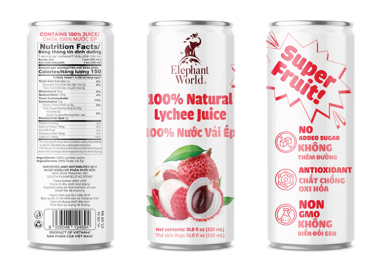 Elephant World 100% Natural Lychee Juice | Non-GMO | 12-Pack, 320 ml | No Sugar Added