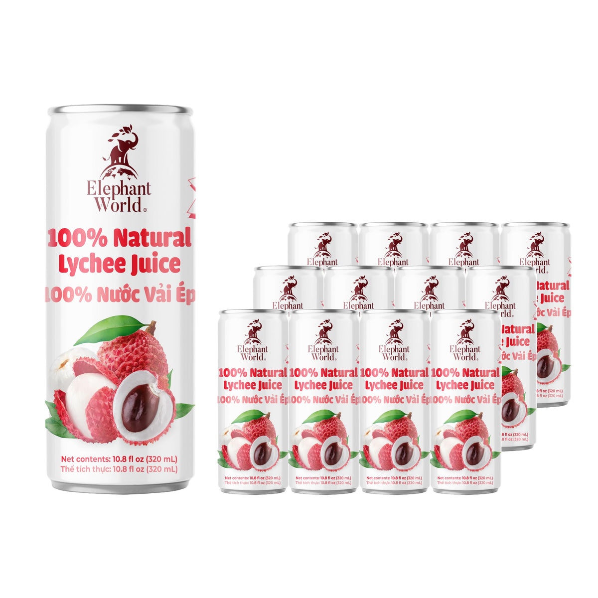 Elephant World 100% Natural Lychee Juice | Non-GMO | 12-Pack, 320 ml | No Sugar Added