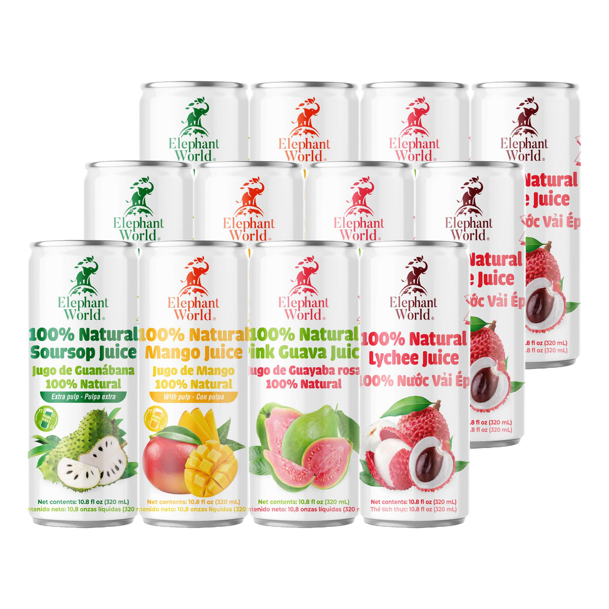 ELEPHANT WORLD 100% Natural Juices – Assorted Superfruits (Soursop, Mango, Guava, Lychee) 12x320ml