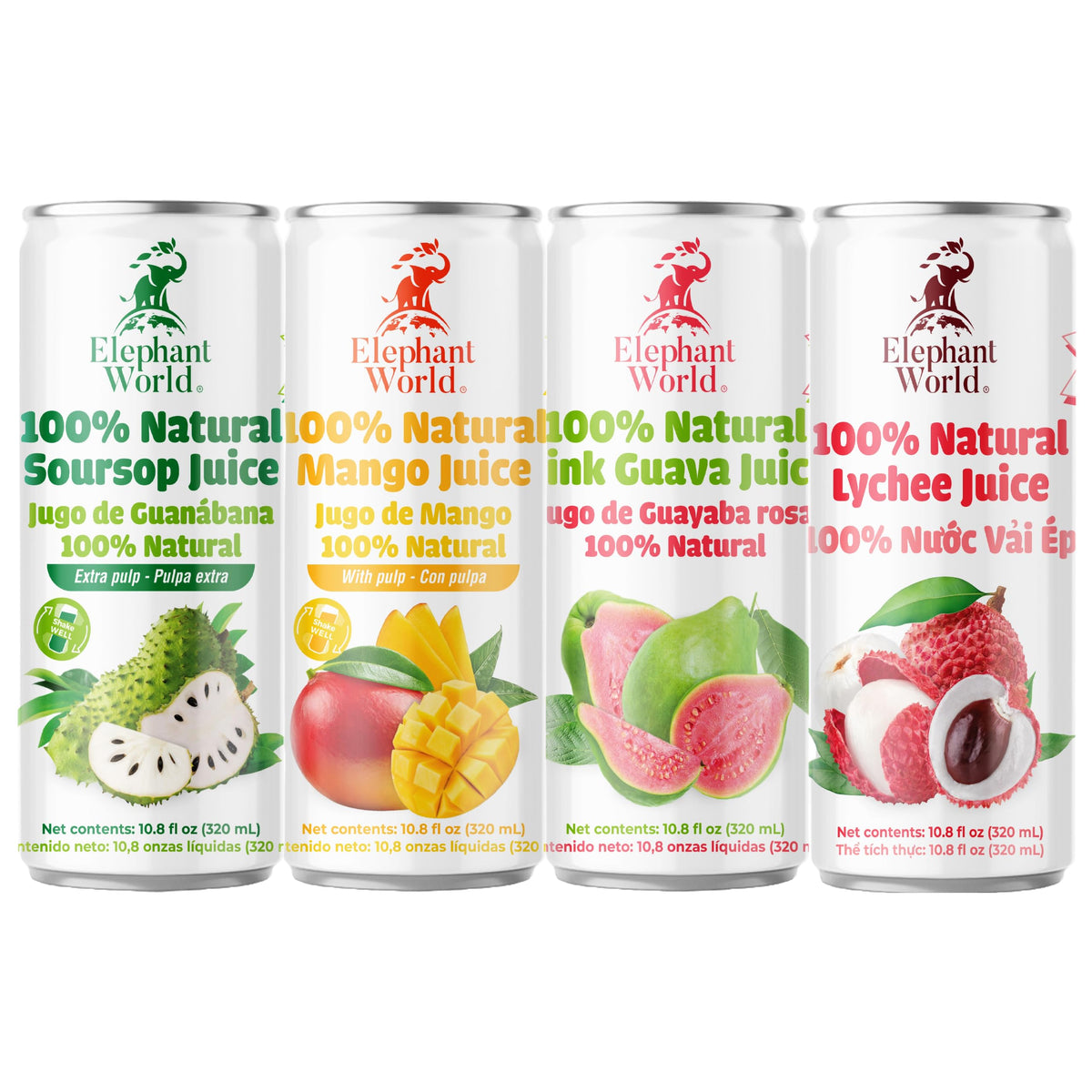 ELEPHANT WORLD 100% Natural Juices – Assorted Superfruits (Soursop, Mango, Guava, Lychee) 12x320ml