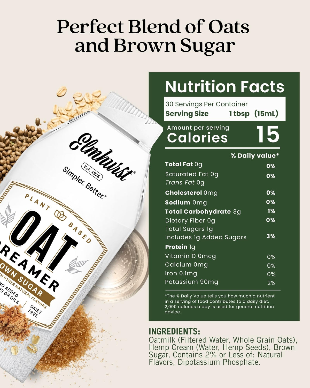 Elmhurst 1925 Brown Sugar Oat Creamer - Dairy-Free, Low Sugar, Shelf-Stable (Pack of 6)