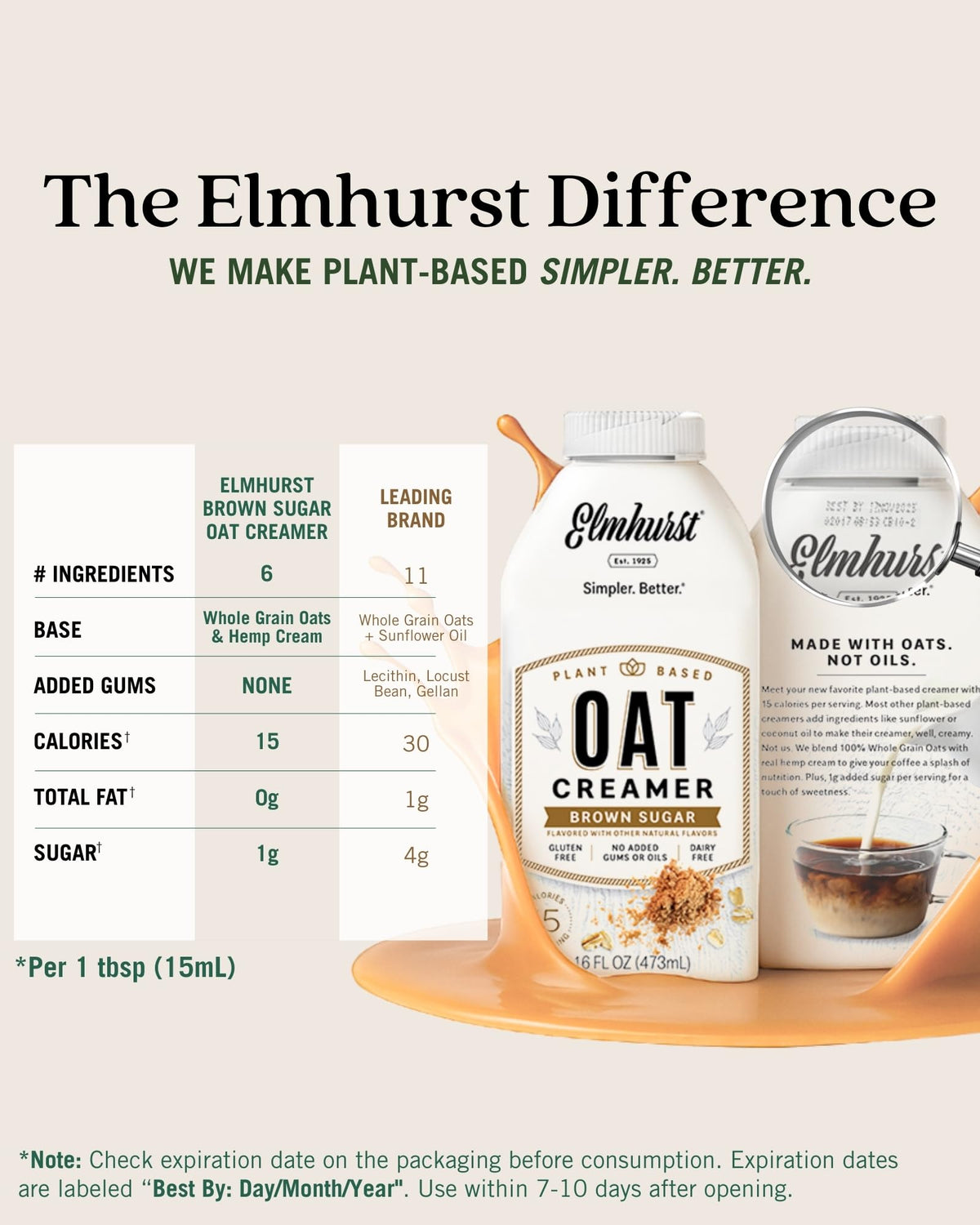 Elmhurst 1925 Brown Sugar Oat Creamer - Dairy-Free, Low Sugar, Shelf-Stable (Pack of 6)