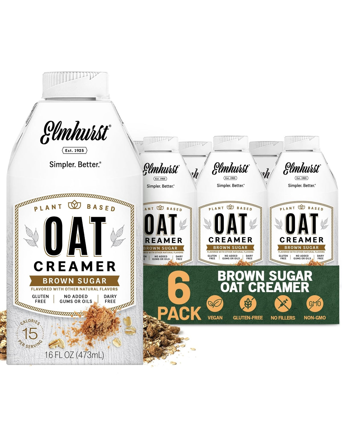Elmhurst 1925 Brown Sugar Oat Creamer - Dairy-Free, Low Sugar, Shelf-Stable (Pack of 6)