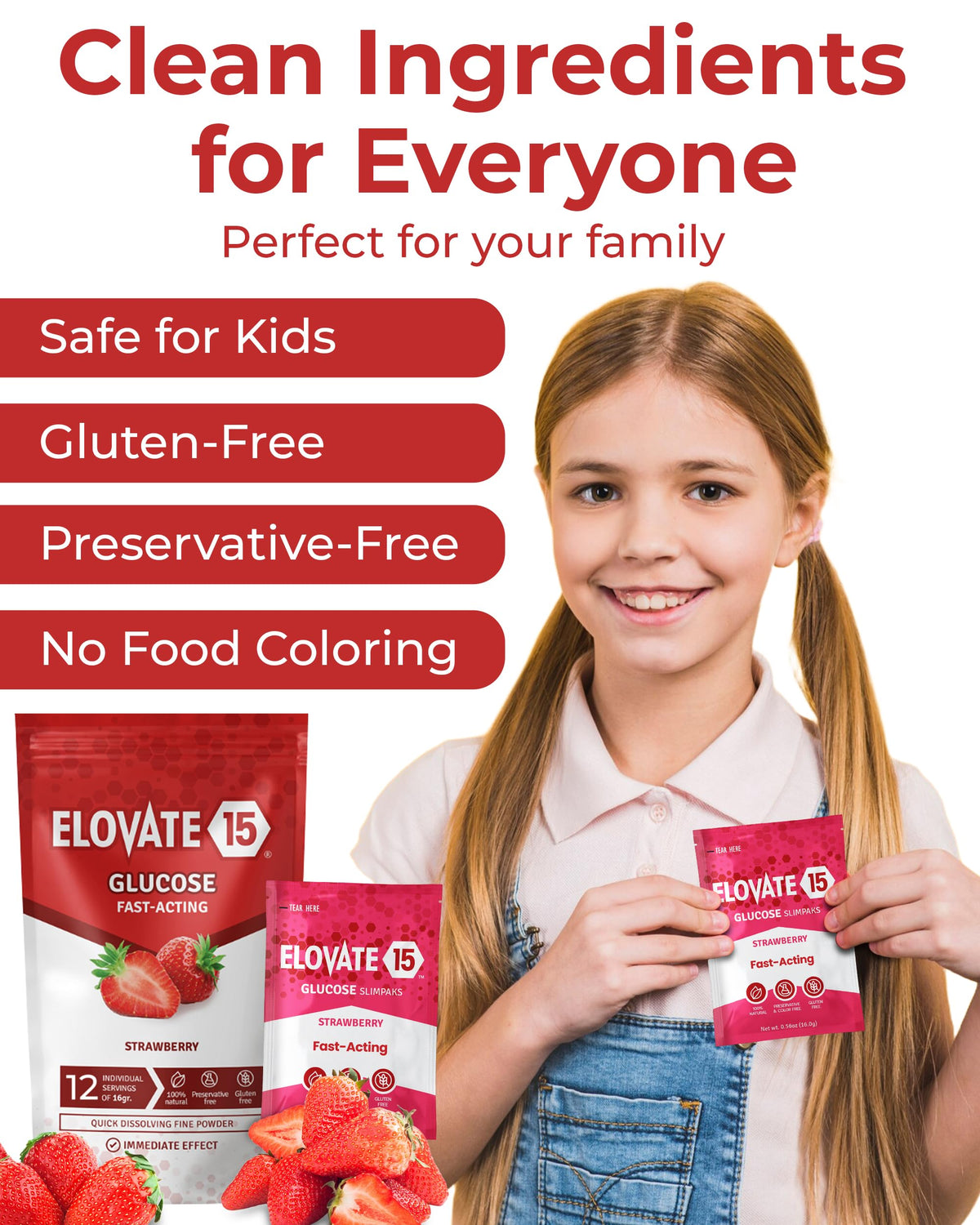 Elovate 15 Fast-Acting Glucose Packets – Strawberry, 15g Dextrose, Waterproof SlimPaks, USA Made, Gluten-Free (Pack of 25)