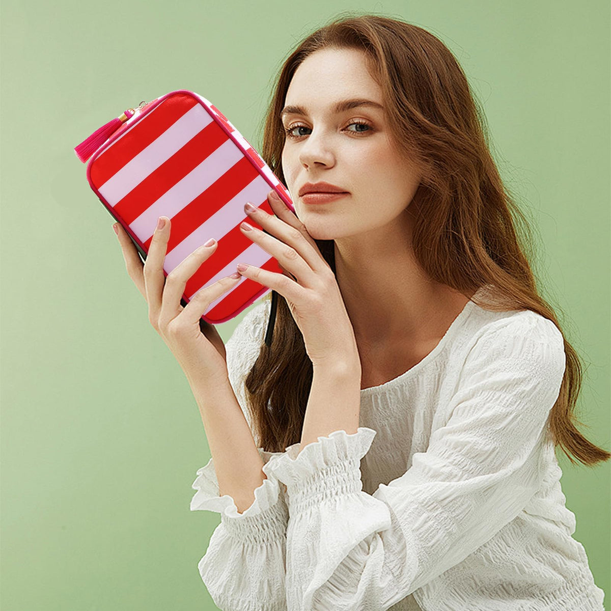 EMBRUNIOICE Travel Striped Makeup Bag, Red and Pink