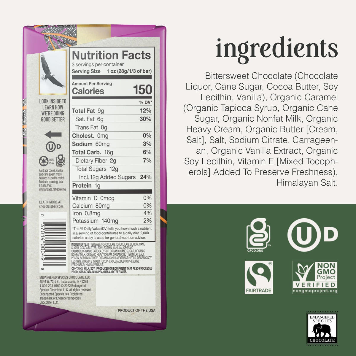 Endangered Species Dark Chocolate Bar with Caramel & Sea Salt – 60% Cocoa