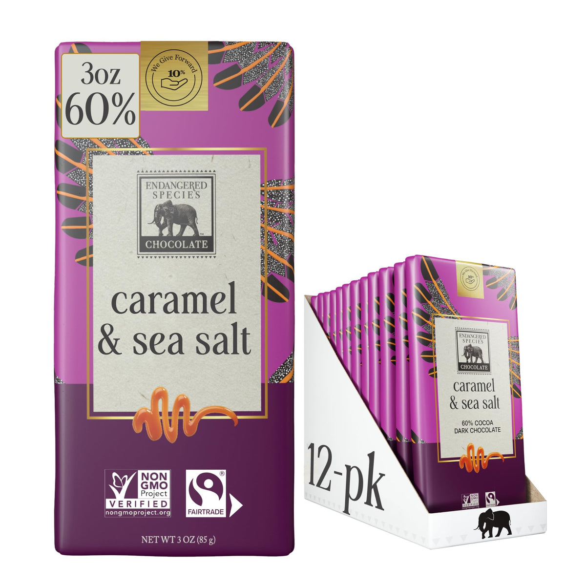 Endangered Species Dark Chocolate Bar with Caramel & Sea Salt – 60% Cocoa