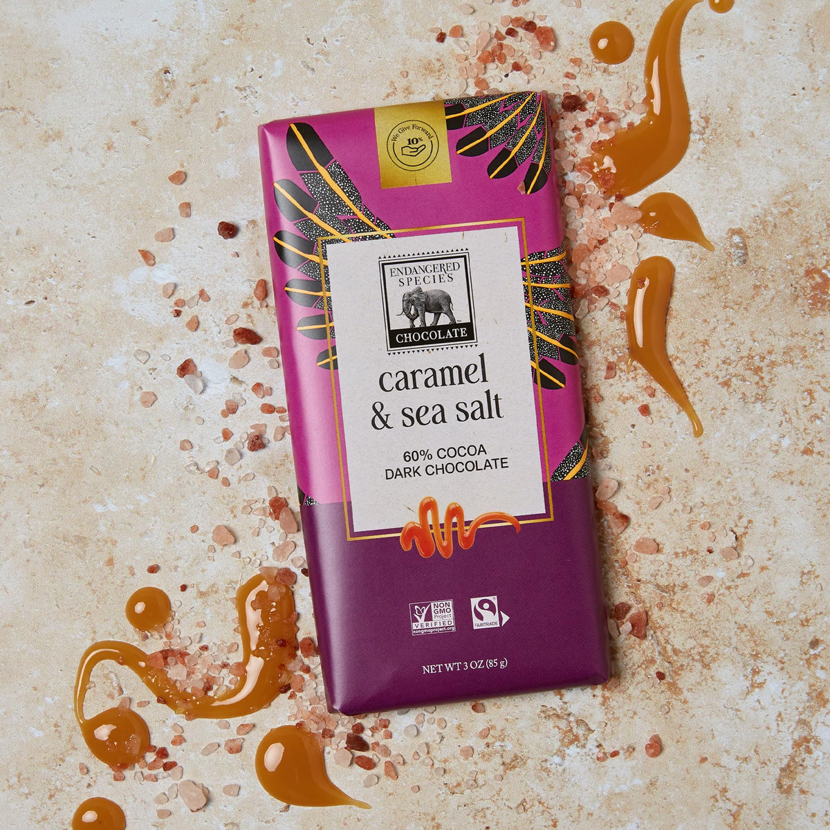 Endangered Species Dark Chocolate Bar with Caramel & Sea Salt – 60% Cocoa