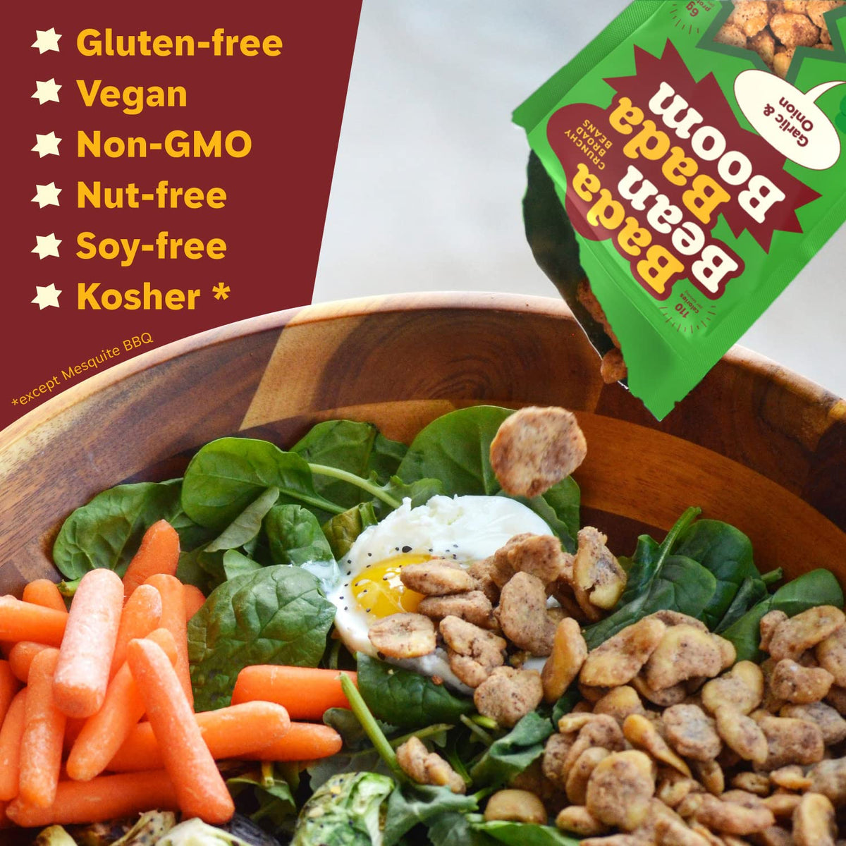 Enlightened Bada Bean Bada Boom Roasted Fava Beans – Crunchy Plant-Based Snack, 110 Calories, 1 oz Pack of 24