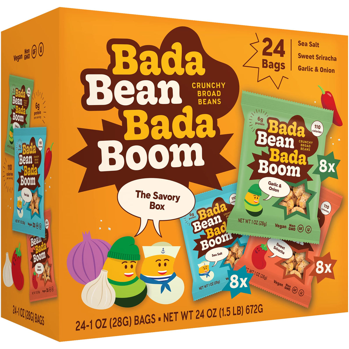 Enlightened Bada Bean Bada Boom Roasted Fava Beans – Crunchy Plant-Based Snack, 110 Calories, 1 oz Pack of 24