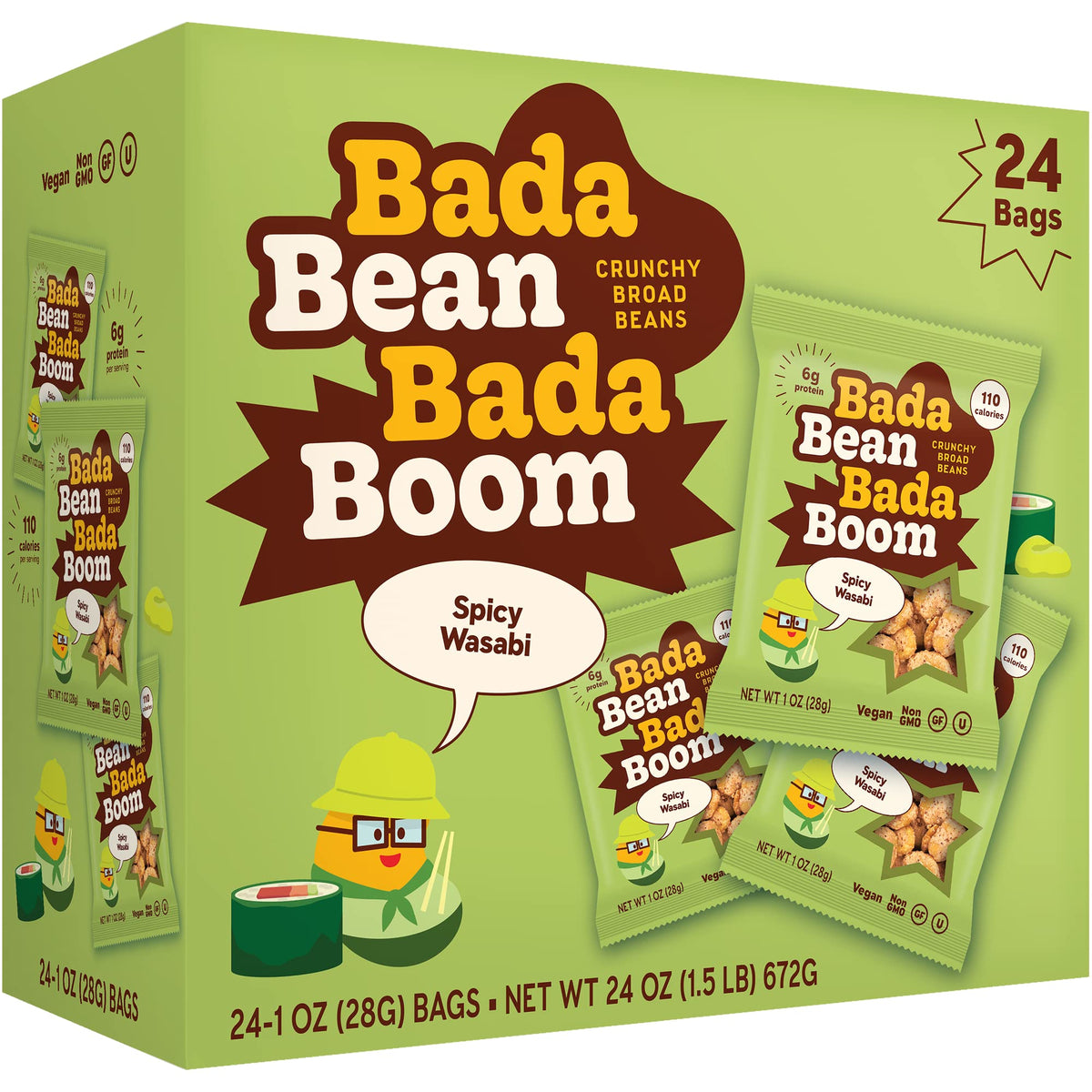 Enlightened Bada Bean Bada Boom – Crunchy Roasted Broad Bean Snacks, High Protein, Vegan, Gluten-Free, 110 Cal per 1 oz (Pack of 24)