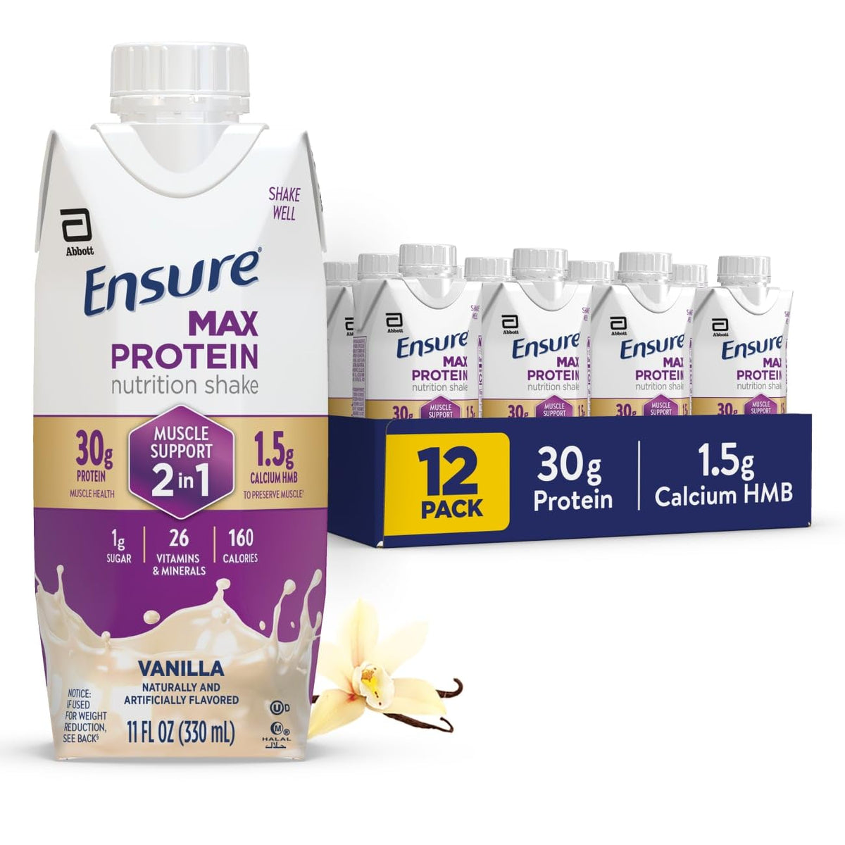 Ensure Max Protein Shake | 30g Protein + 1.5g CaHMB | 26 Vitamins & Minerals | Vanilla | Ready-to-Drink | 11 fl oz | 12 Pack
