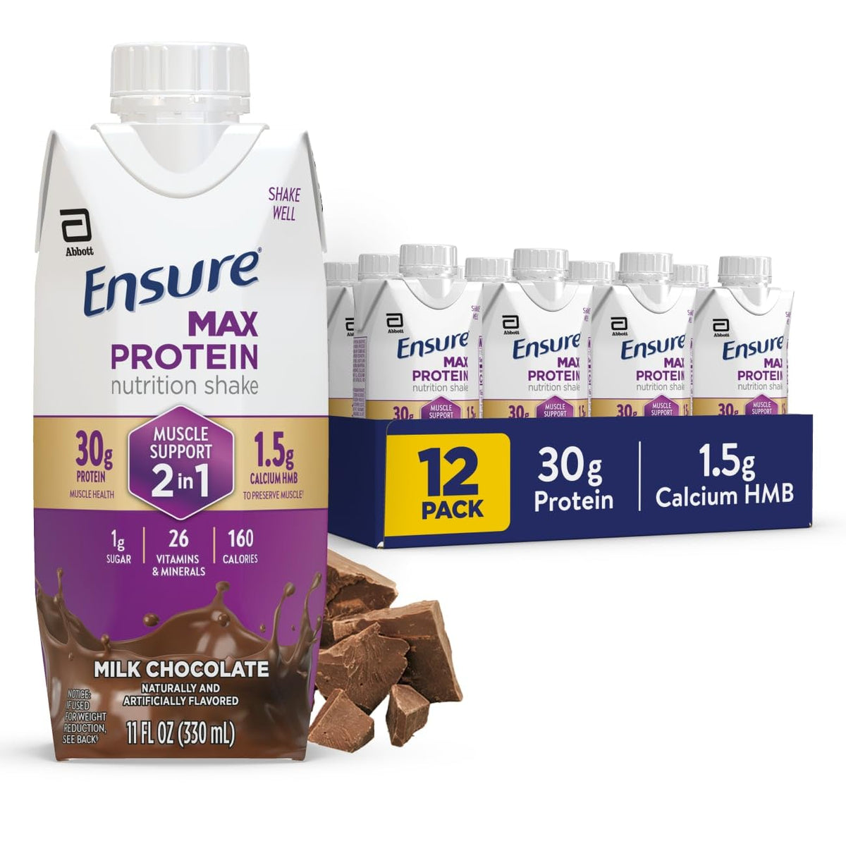 Ensure Max Protein Shake - 30g Protein, 1.5g CaHMB, 12 Pack, Milk Chocolate