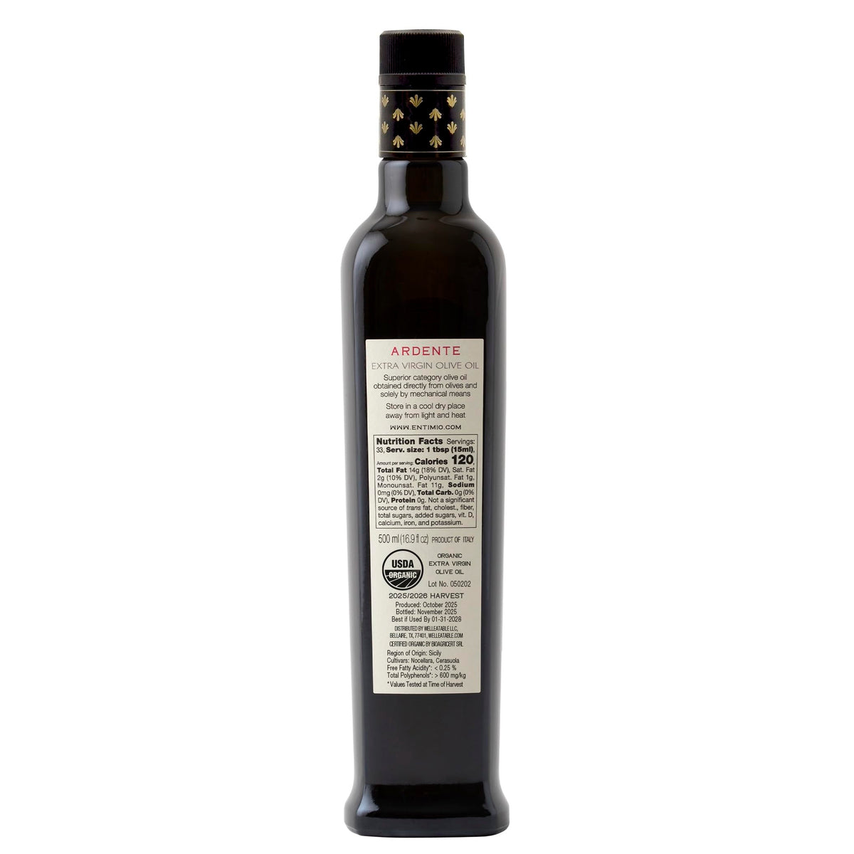 Entimio Ardente Organic Italian EVOO – 2026 NYIOOC Gold, Early Harvest Sicilian, 16.9 oz
