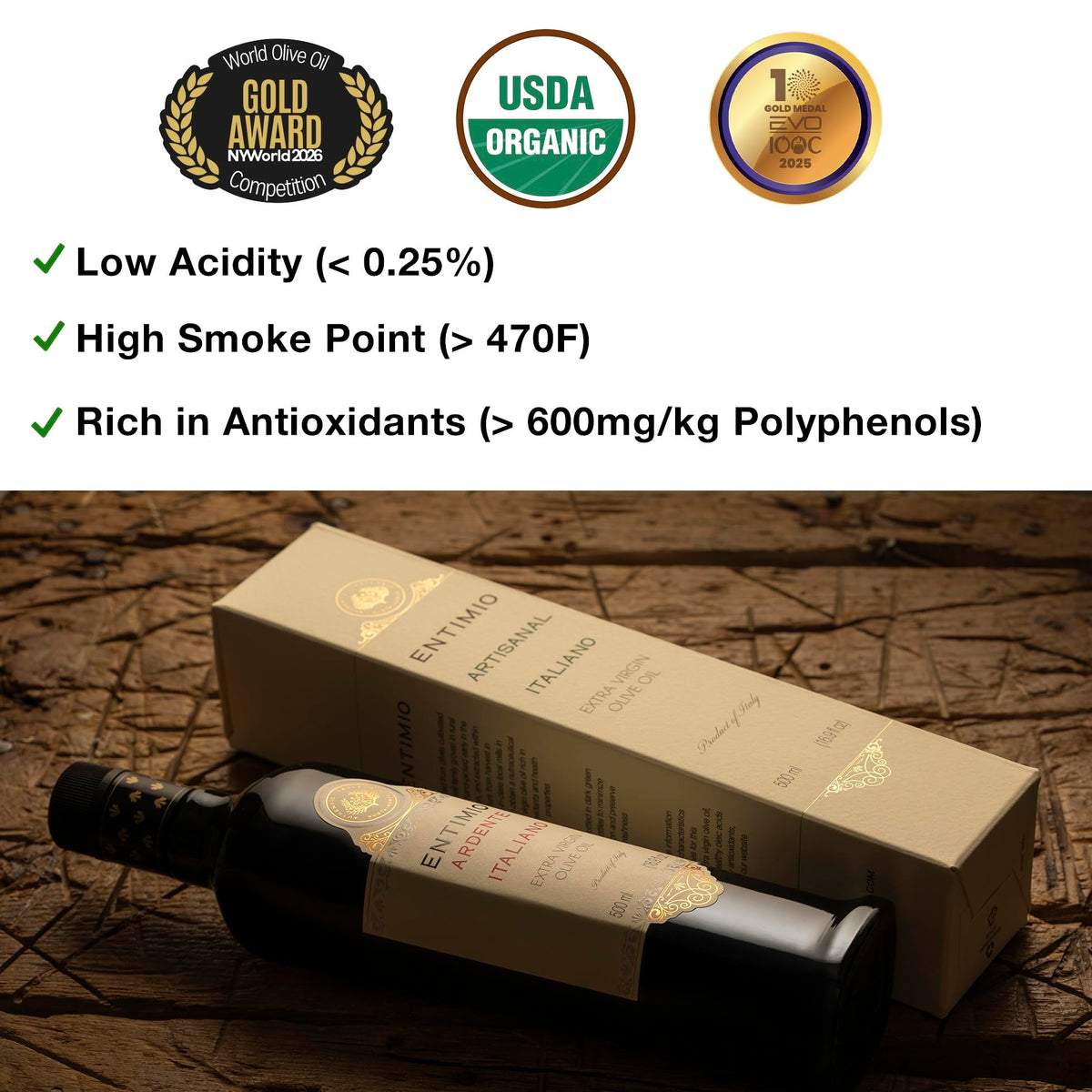 Entimio Ardente Organic Italian EVOO – 2026 NYIOOC Gold, Early Harvest Sicilian, 16.9 oz