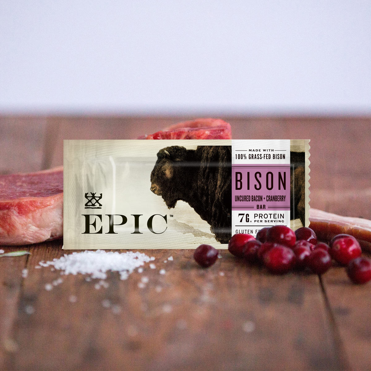 EPIC Bison Uncured Bacon Cranberry Bars - Grass-Fed Protein, Gluten Free (12 Bars)