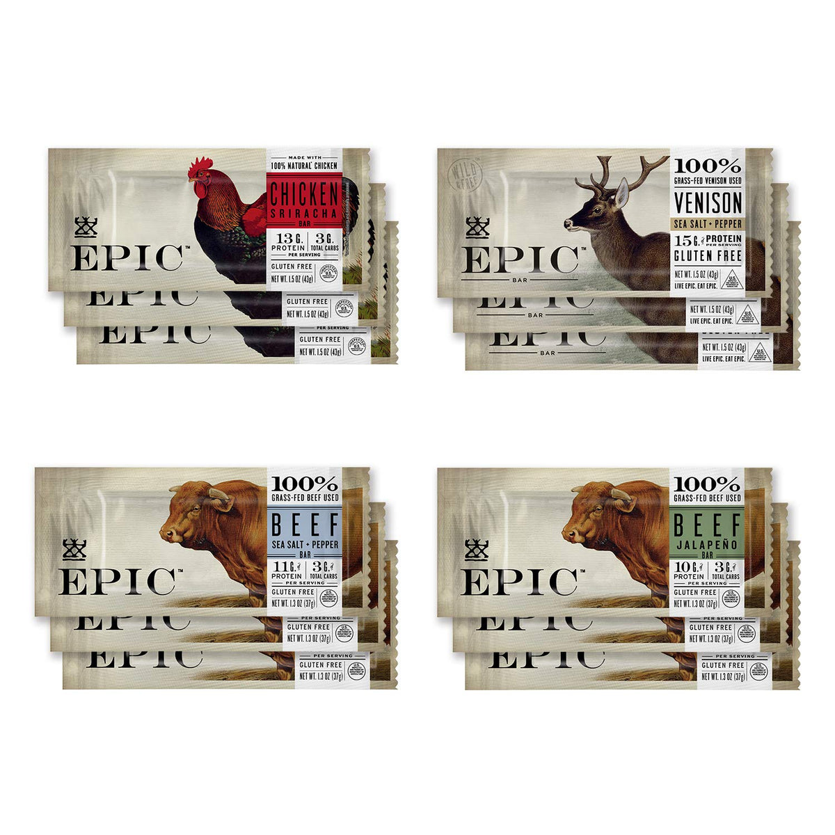 EPIC Bars Variety Pack – Chicken, Beef & Venison | Keto-Friendly, 12 ct