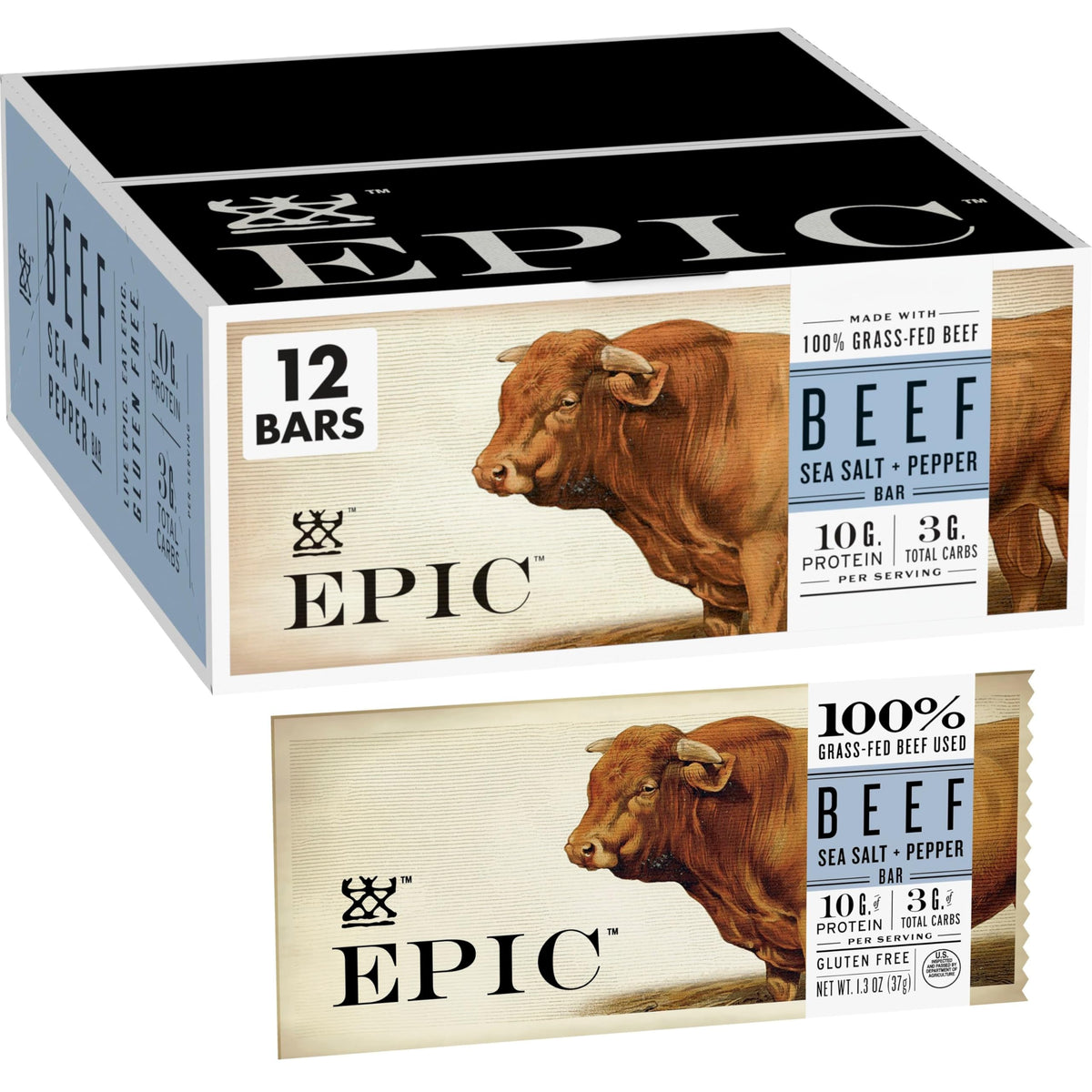 EPIC Protein Bars — Beef Sea Salt Pepper, 11g Protein, 3g Net Carbs, 12 ct