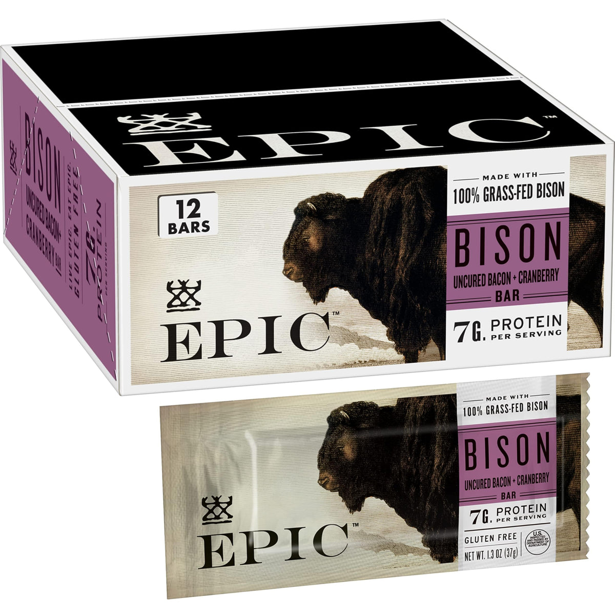 EPIC Bison Uncured Bacon Cranberry Bars - Grass-Fed Protein, Gluten Free (12 Bars)
