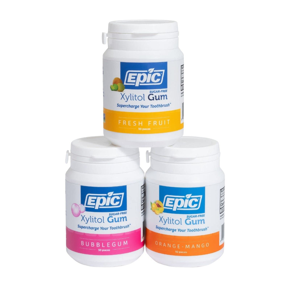 Epic Gum - Aspartame Free Xylitol Chewing Gum, Sugar Free (Pack of 3, 50 Count Each) - Fresh Fruit, Bubblegum, Orange Mango