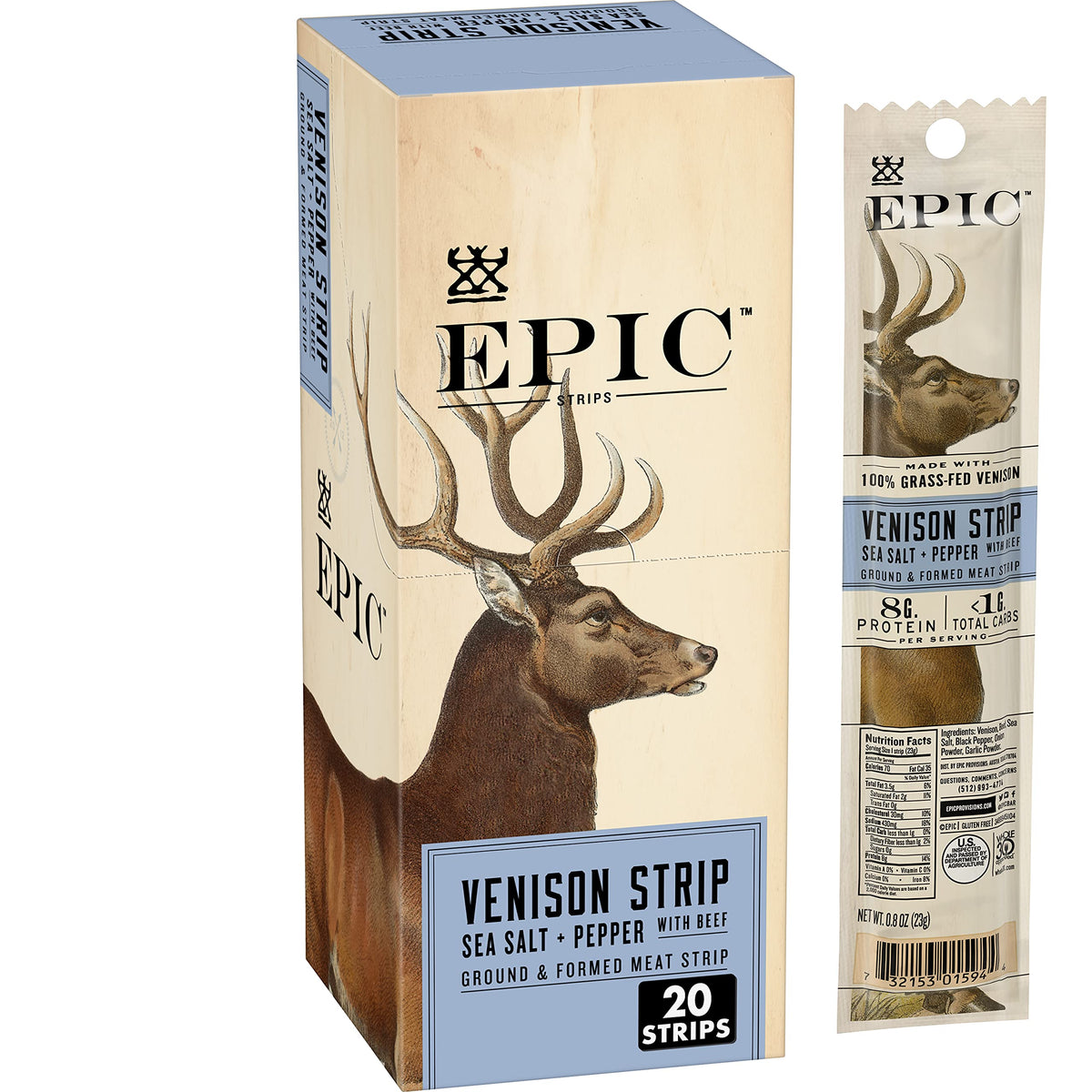 EPIC Venison Strips with Beef – Sea Salt and Pepper | Keto, Whole30, Gluten Free | 20 Strips (16 oz)