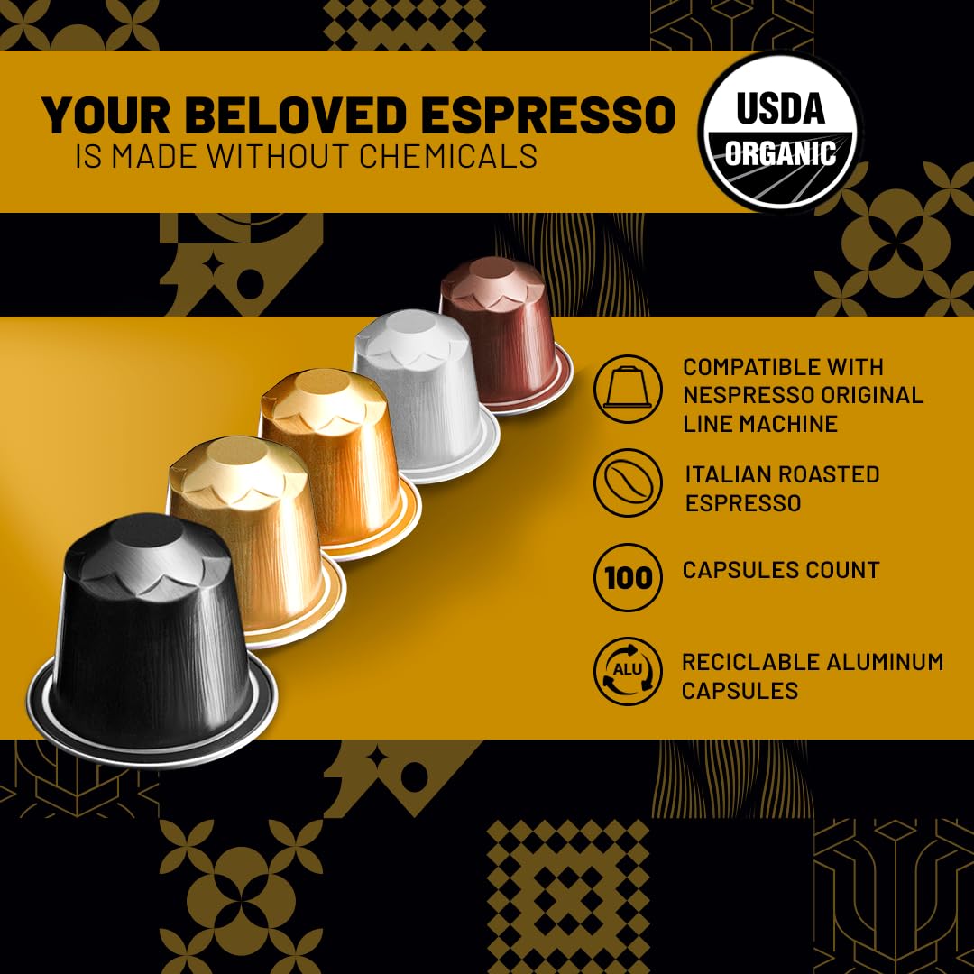 Espressoro 100 Organic Espresso Capsules – USDA Organic Aluminum Pods for Nespresso Original