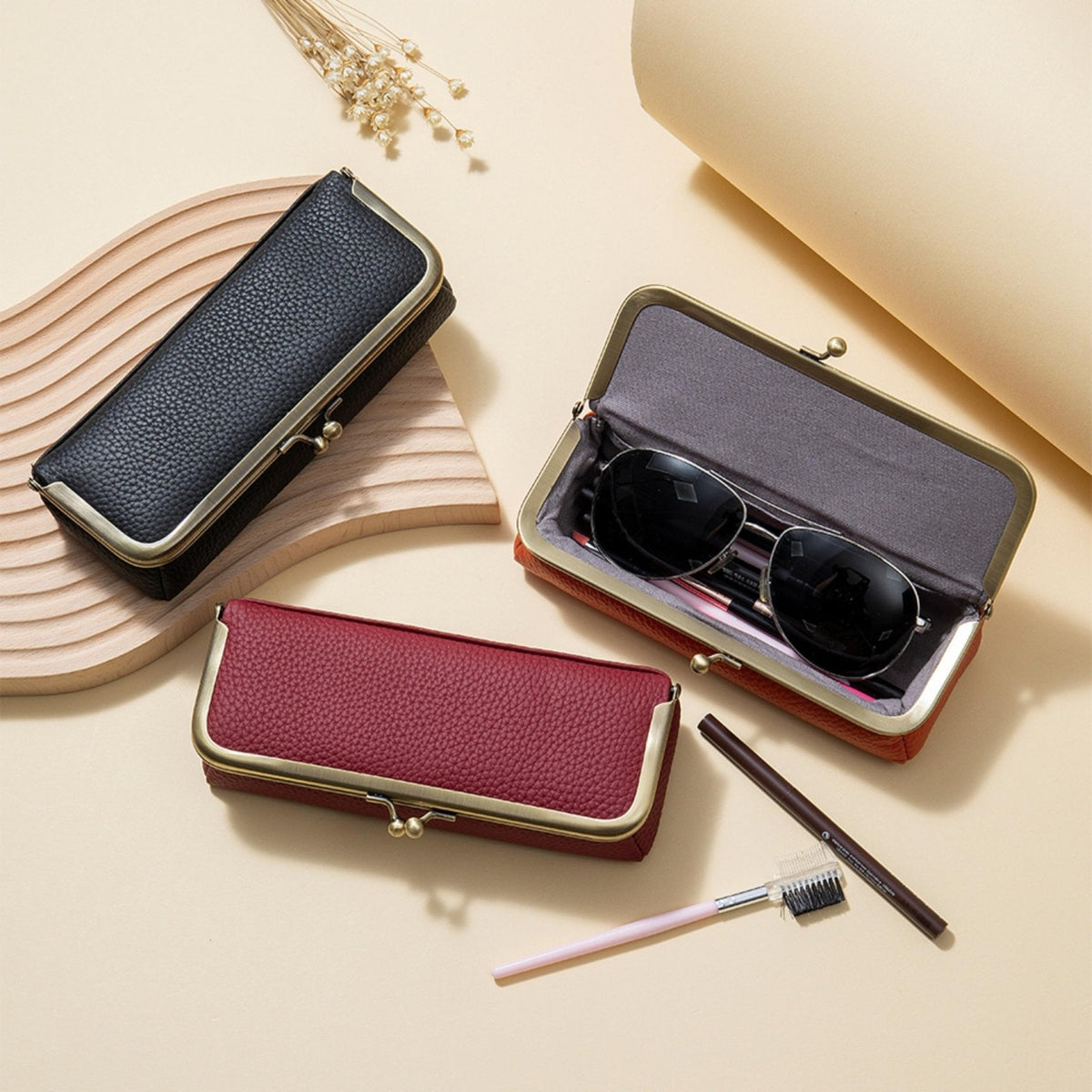 EutDett Leather Makeup Bag, Small Makeup Organizer for Purse Essentials, Versatile Travel Lipstick Case, Cosmetic Pouch & Fashion Pencil Pouch for Women (Wine Red)