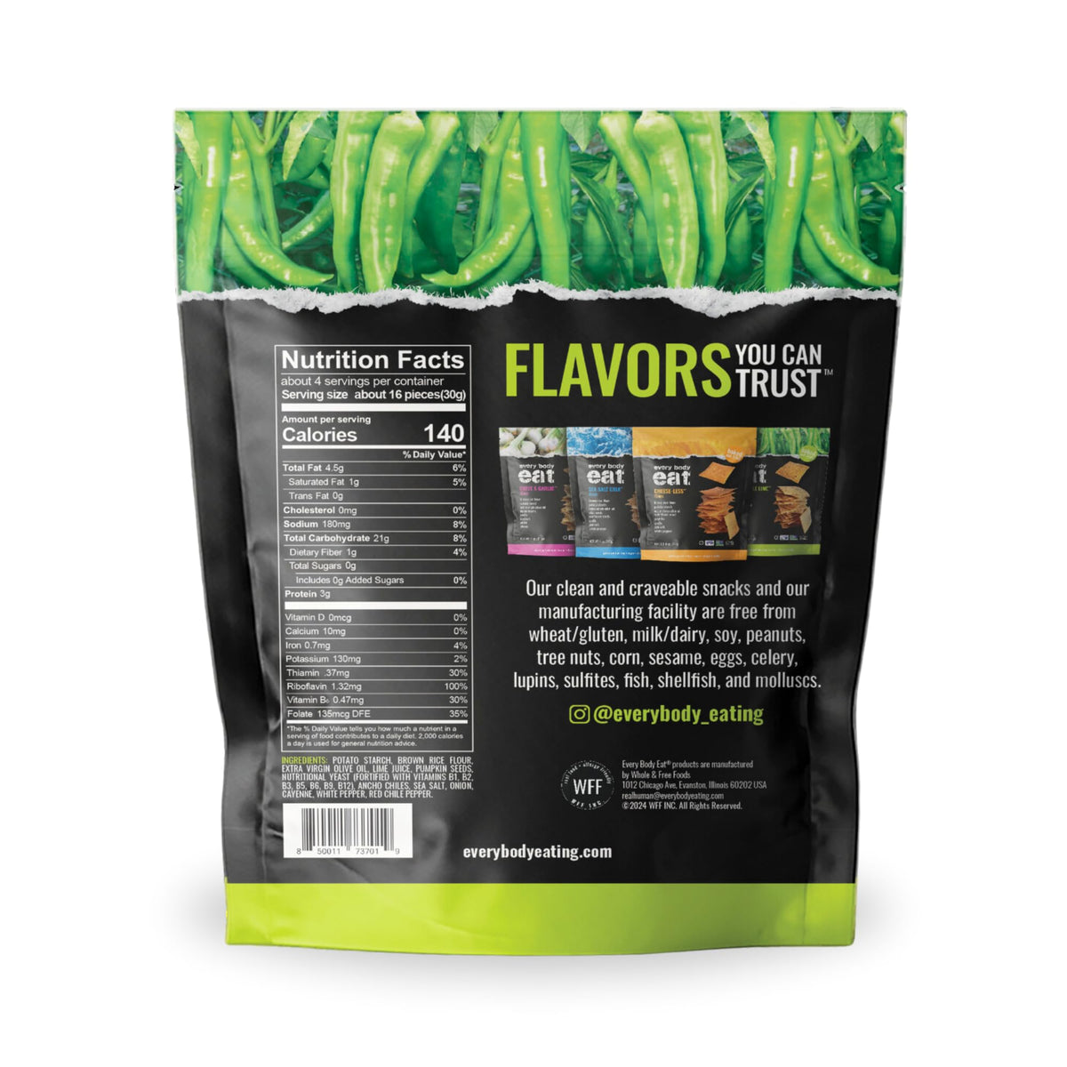 Every Body Eat Fiery Chile Lime Cracker Thins — Gluten Free, Vegan, Dairy Free, Nut Free, Seed Oil Free (4oz Case of 6)