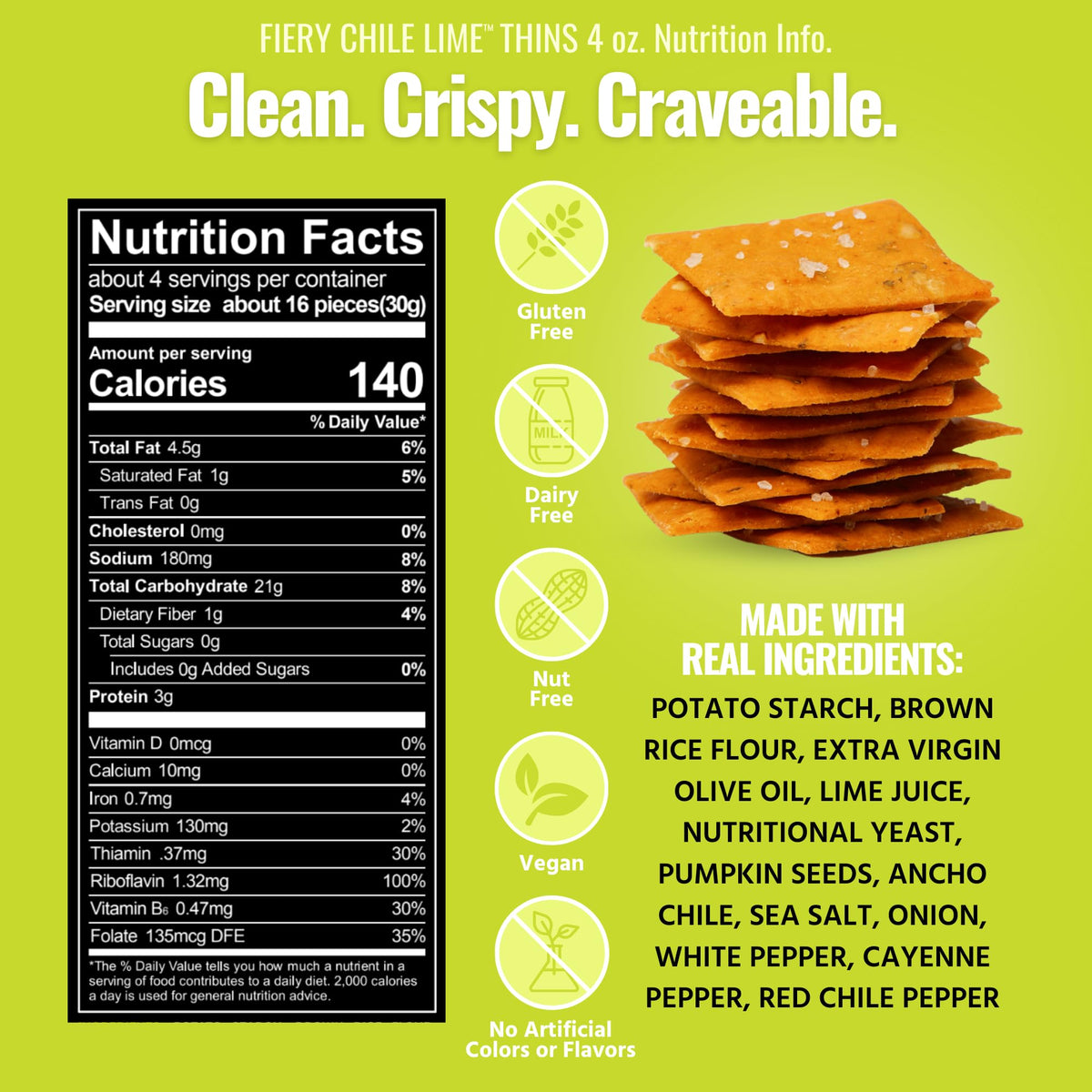 Every Body Eat Fiery Chile Lime Cracker Thins — Gluten Free, Vegan, Dairy Free, Nut Free, Seed Oil Free (4oz Case of 6)
