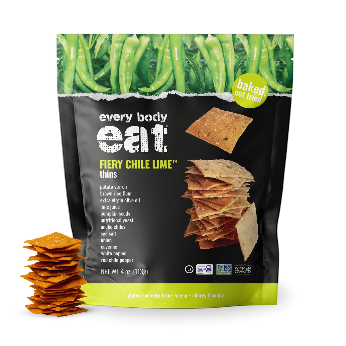 Every Body Eat Fiery Chile Lime Cracker Thins — Gluten Free, Vegan, Dairy Free, Nut Free, Seed Oil Free (4oz Case of 6)
