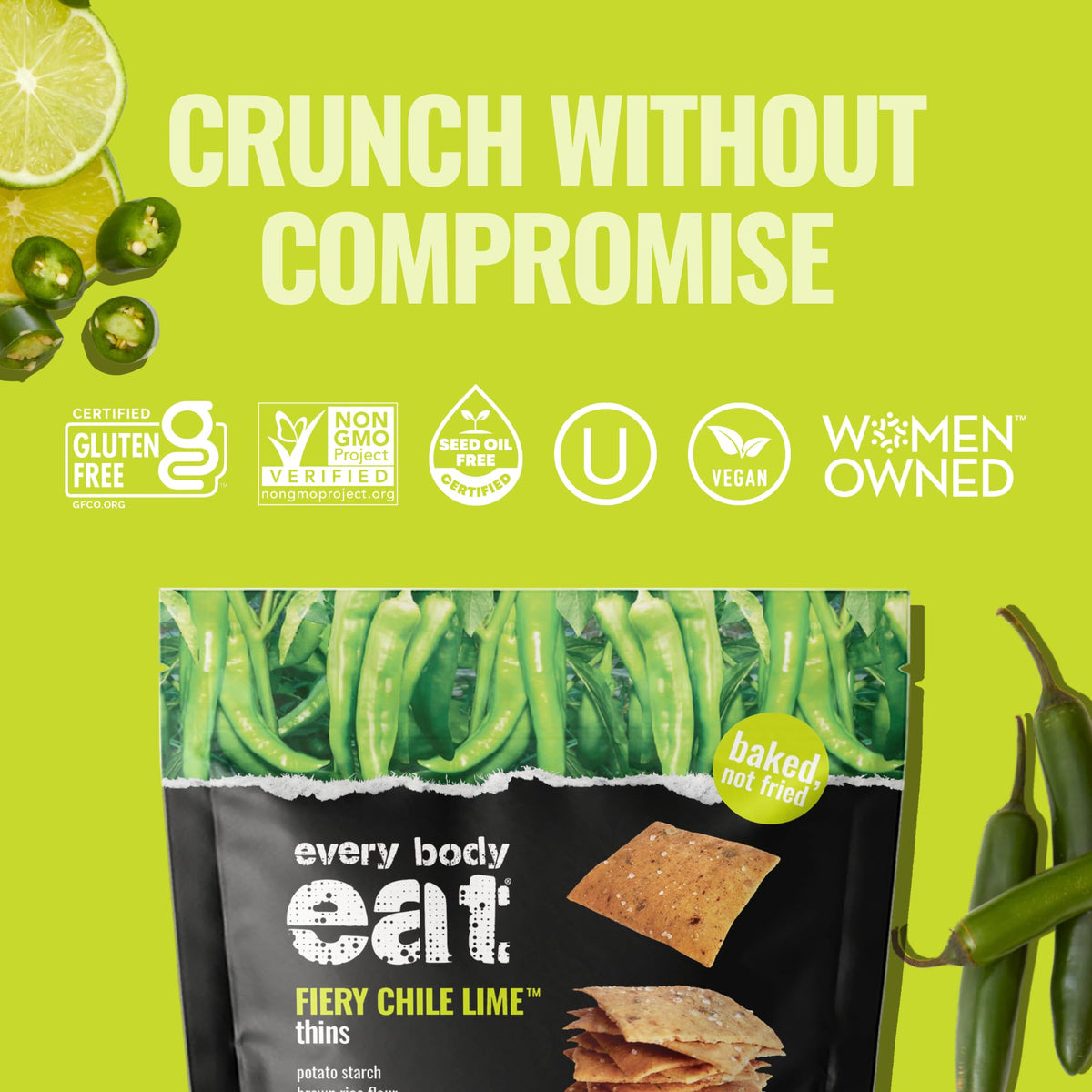 Every Body Eat Fiery Chile Lime Cracker Thins — Gluten Free, Vegan, Dairy Free, Nut Free, Seed Oil Free (4oz Case of 6)
