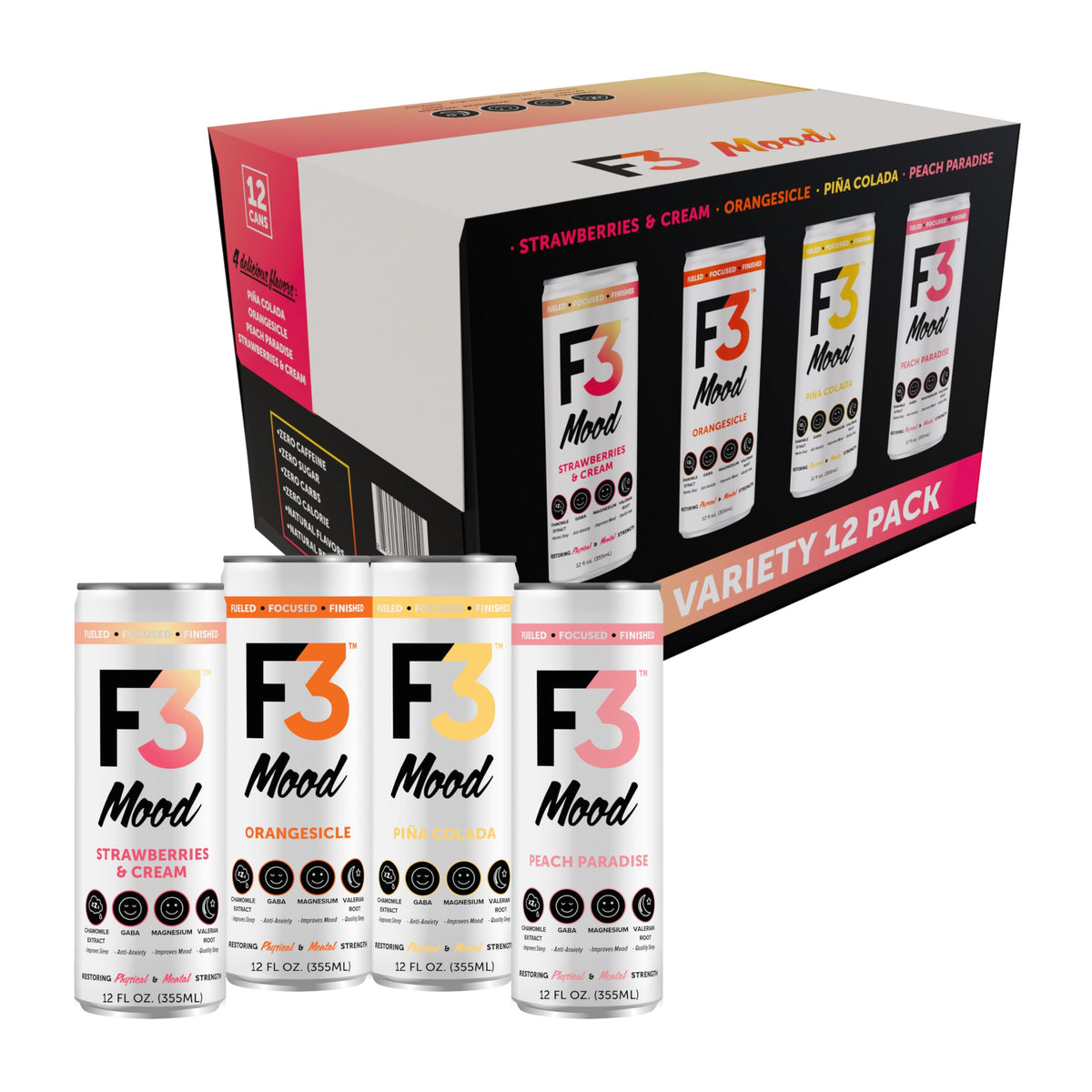 F3 Energy Mood Variety Pack - Caffeine-Free Nootropics, BCAAs, Chamomile & Valerian (12 Pack)