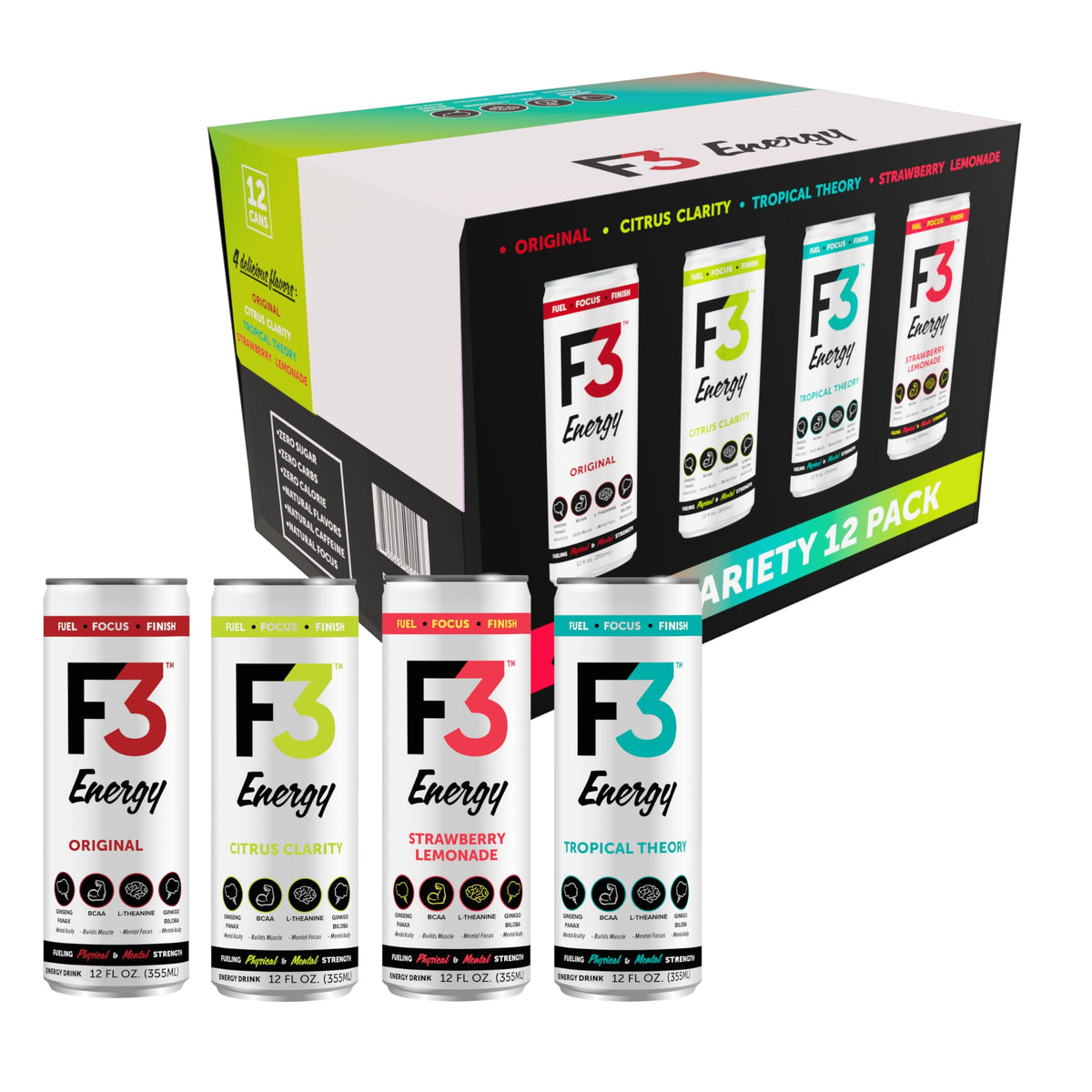 F3 Energy Drink Variety Pack – BCAA, Panax Ginseng & Ginkgo for Focus & Recovery (12 Pack)
