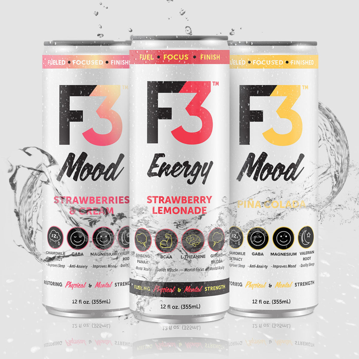 F3 Energy Mood Variety Pack - Caffeine-Free Nootropics, BCAAs, Chamomile & Valerian (12 Pack)