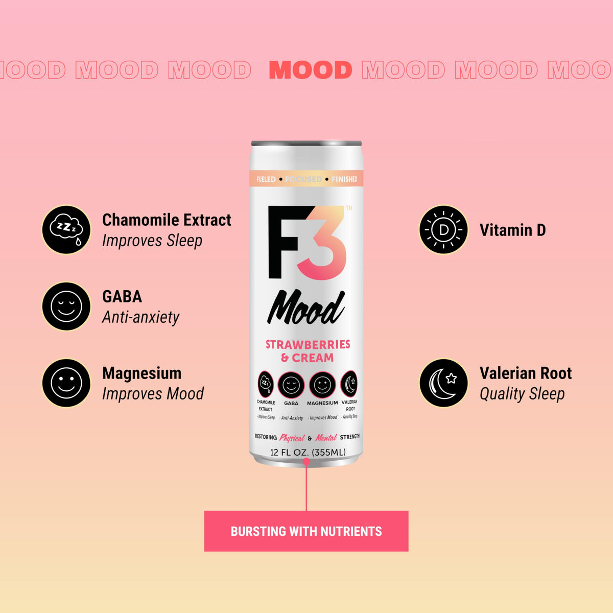 F3 Energy Mood Variety Pack - Caffeine-Free Nootropics, BCAAs, Chamomile & Valerian (12 Pack)
