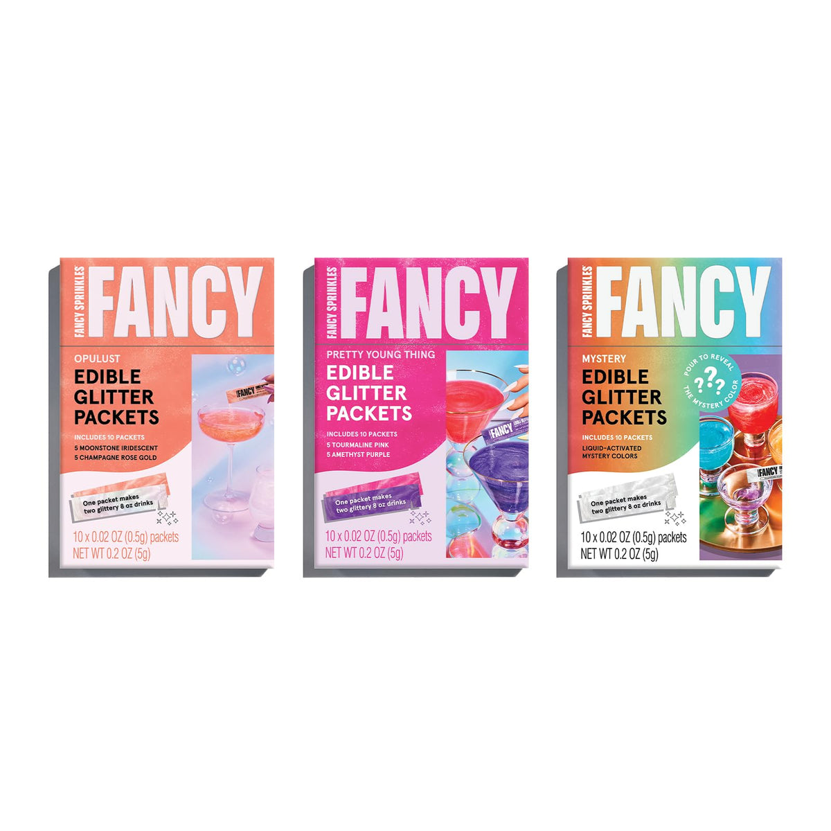 Fancy Sprinkles MVP Set: Opulust, Pretty Young Thing & Mystery Edible Glitter Packets | Portable Sparkle for Drinks