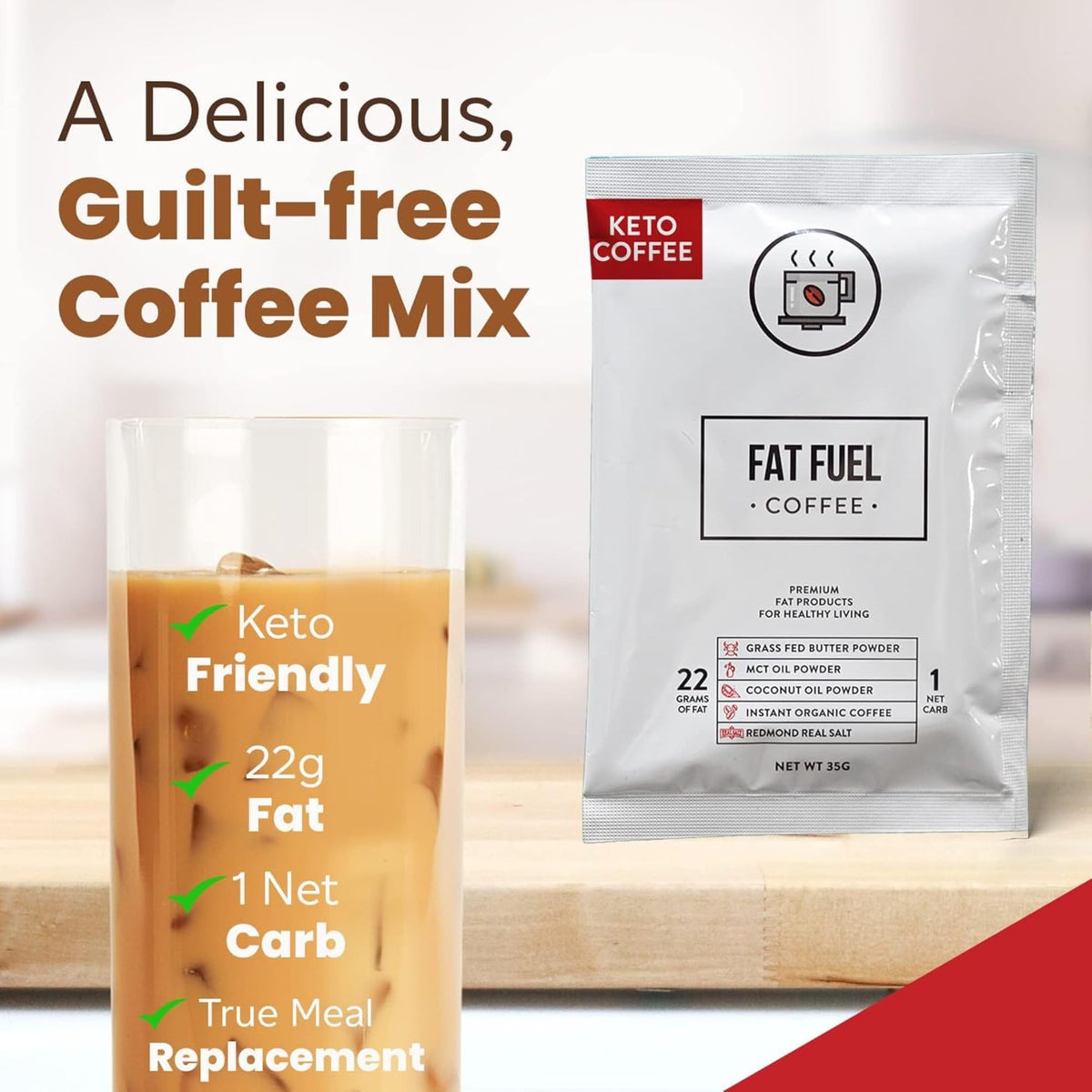 FAT FUEL Keto Coffee 22g Premium Fats — Grass-Fed Butter, MCT Oil, Coconut & Redmond Real Salt | Instant Organic Coffee, 1 Net Carb, 15 Servings