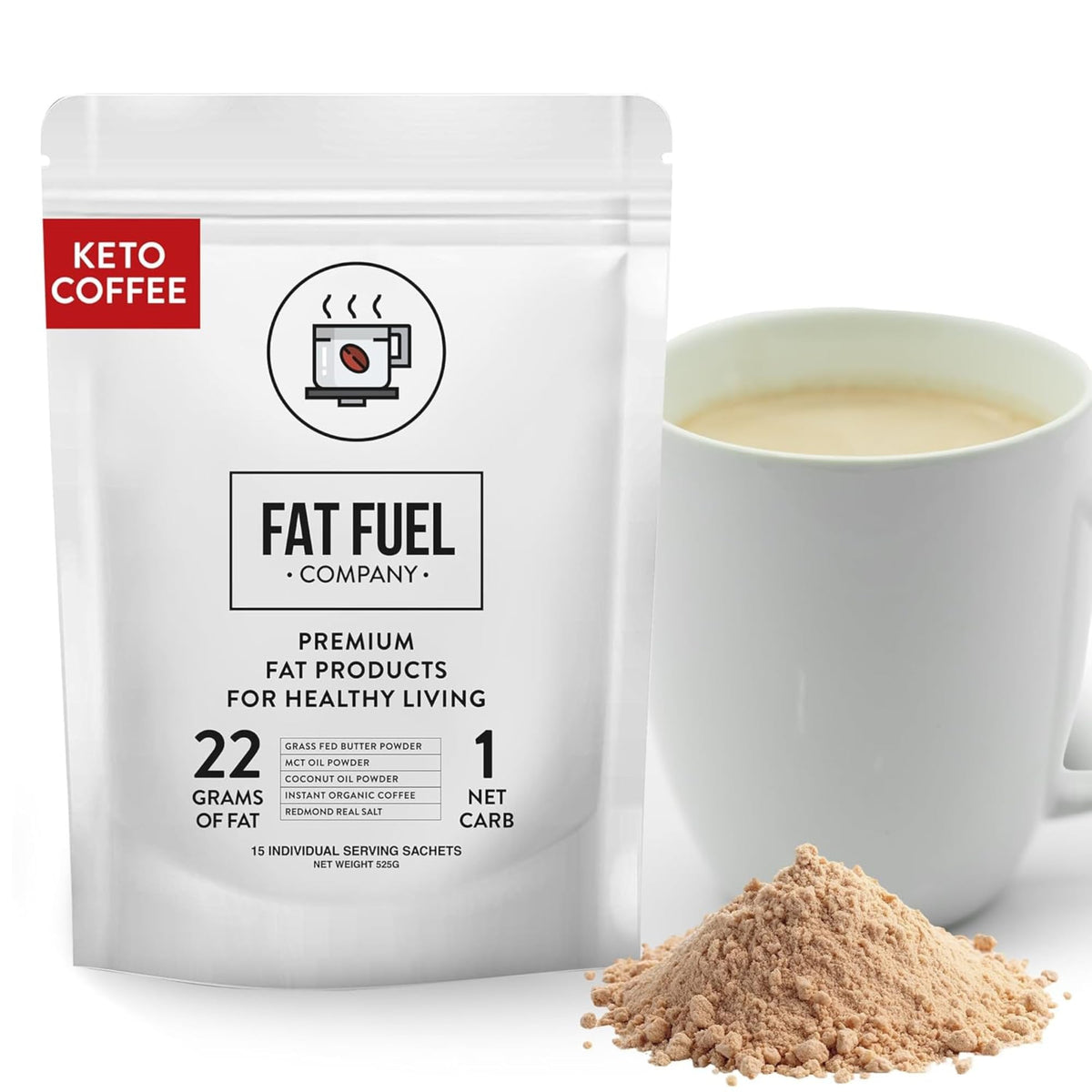 FAT FUEL Keto Coffee 22g Premium Fats — Grass-Fed Butter, MCT Oil, Coconut & Redmond Real Salt | Instant Organic Coffee, 1 Net Carb, 15 Servings