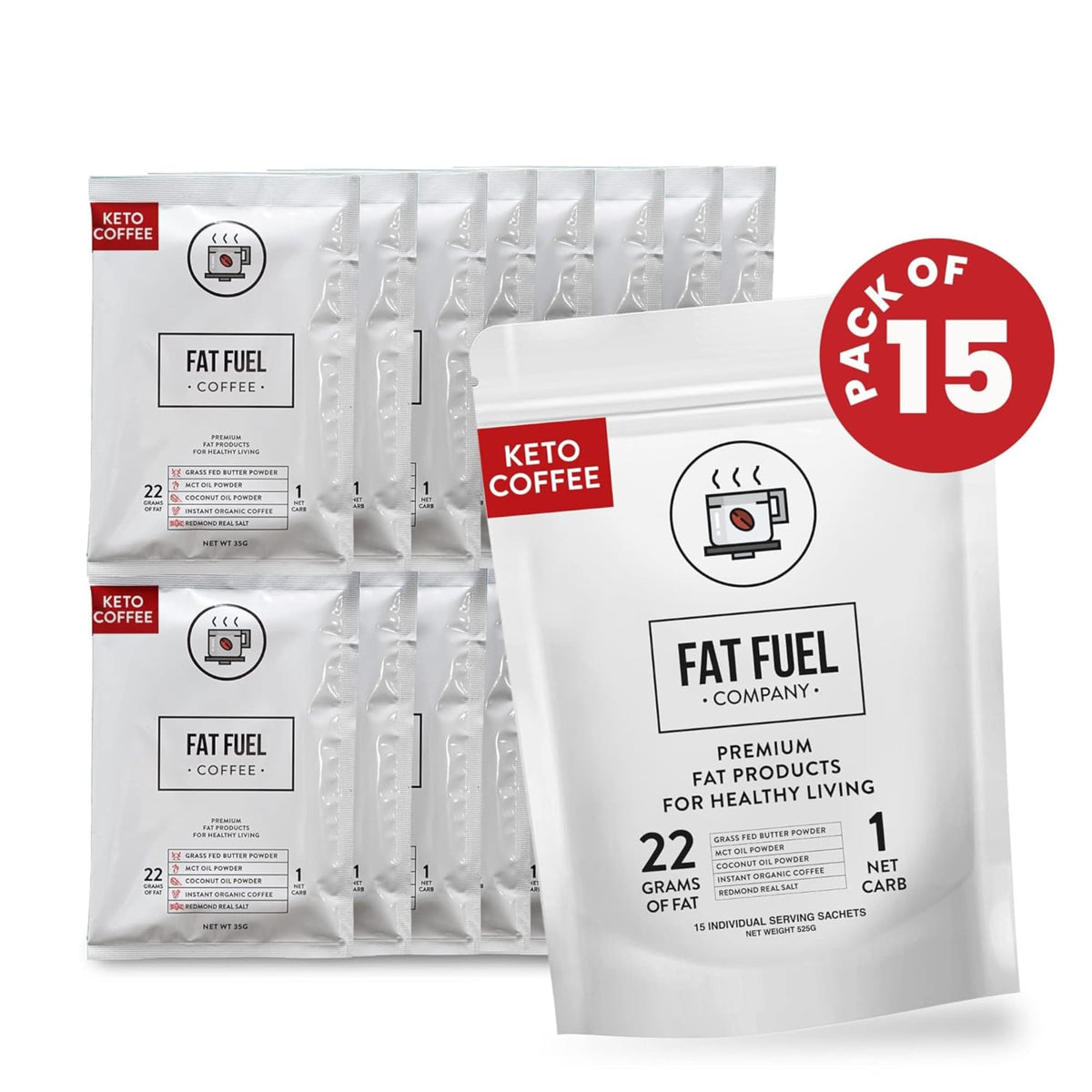 FAT FUEL Keto Coffee 22g Premium Fats — Grass-Fed Butter, MCT Oil, Coconut & Redmond Real Salt | Instant Organic Coffee, 1 Net Carb, 15 Servings