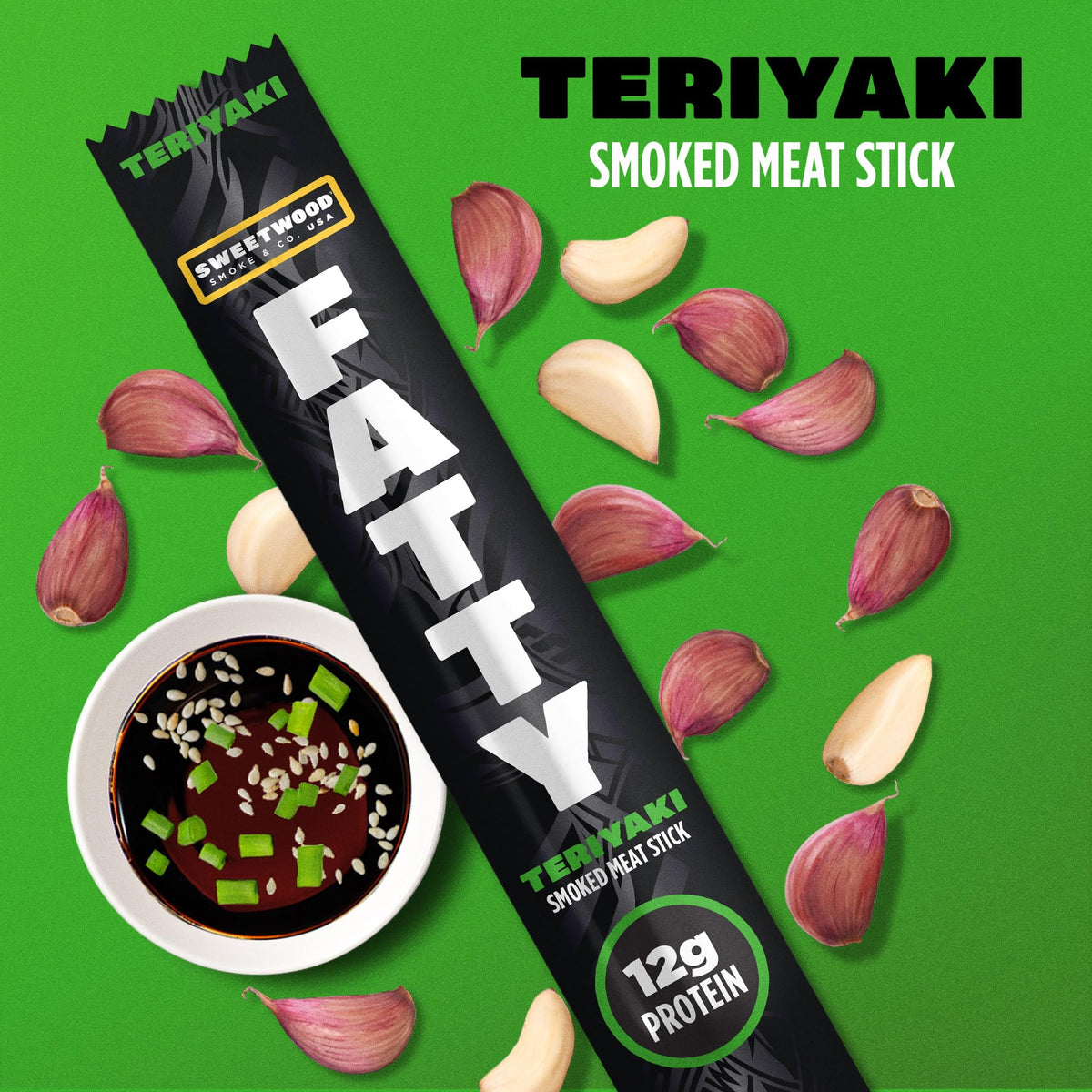 FATTY Meat Sticks Teriyaki — Grass-Fed Beef & Antibiotic-Free Pork, 12g Protein per Stick, 2 oz Pack of 20