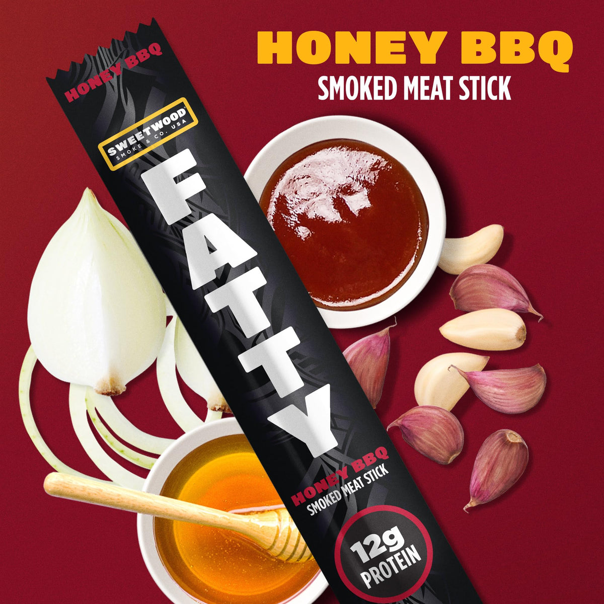 FATTY Meat Sticks – Grass-Fed Beef & Antibiotic-Free Pork, 11g Protein per Stick, Honey BBQ, 2 oz (Pack of 20)