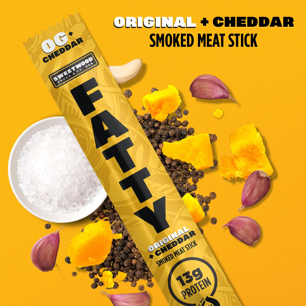 FATTY Meat Sticks Original Cheddar — 13g Protein per Stick, Grass-Fed Beef & Antibiotic-Free Pork, 2 oz, Pack of 20