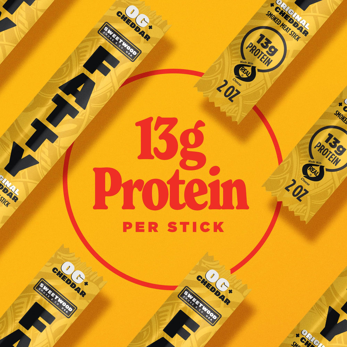 FATTY Meat Sticks Original Cheddar — 13g Protein per Stick, Grass-Fed Beef & Antibiotic-Free Pork, 2 oz, Pack of 20