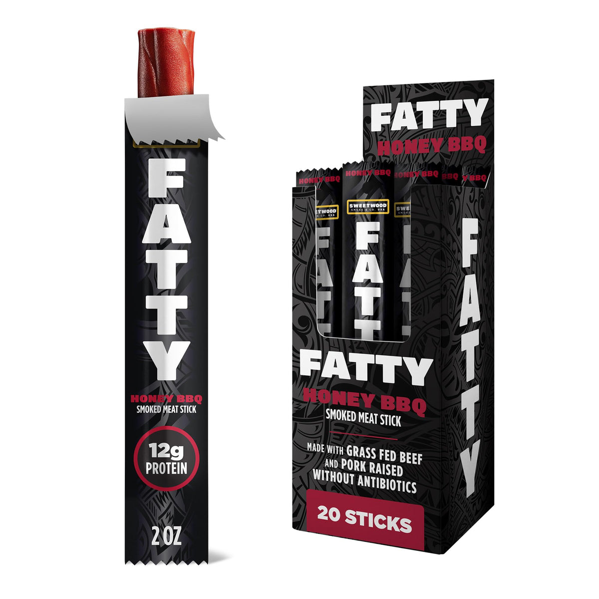 FATTY Meat Sticks – Grass-Fed Beef & Antibiotic-Free Pork, 11g Protein per Stick, Honey BBQ, 2 oz (Pack of 20)