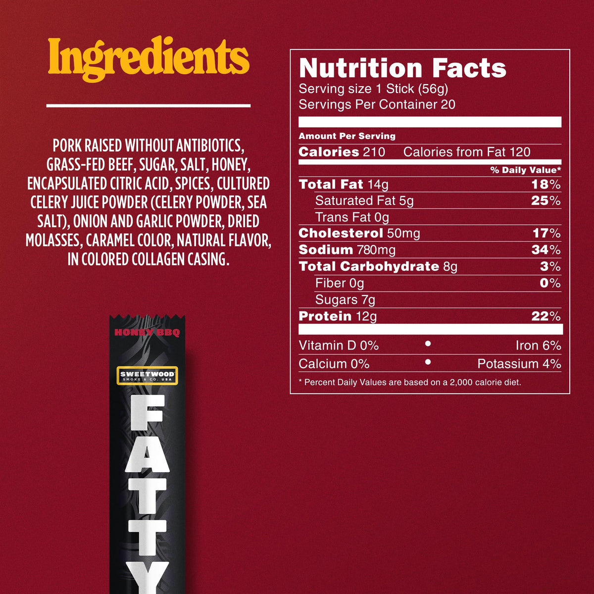 FATTY Meat Sticks – Grass-Fed Beef & Antibiotic-Free Pork, 11g Protein per Stick, Honey BBQ, 2 oz (Pack of 20)