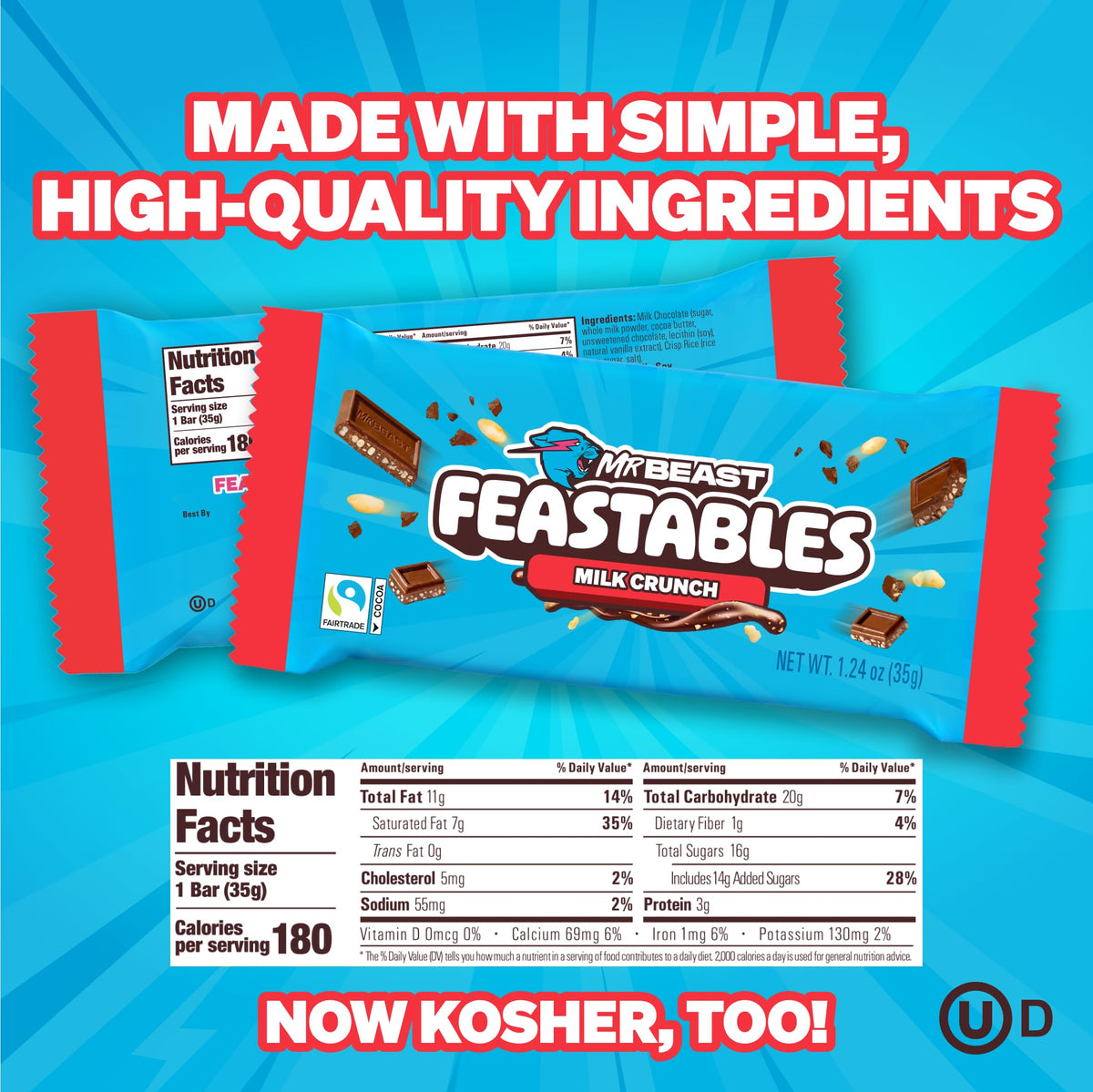 Feastables MrBeast Milk Chocolate Crunch Bar – Full Size 24 Count, Fairtrade Cocoa