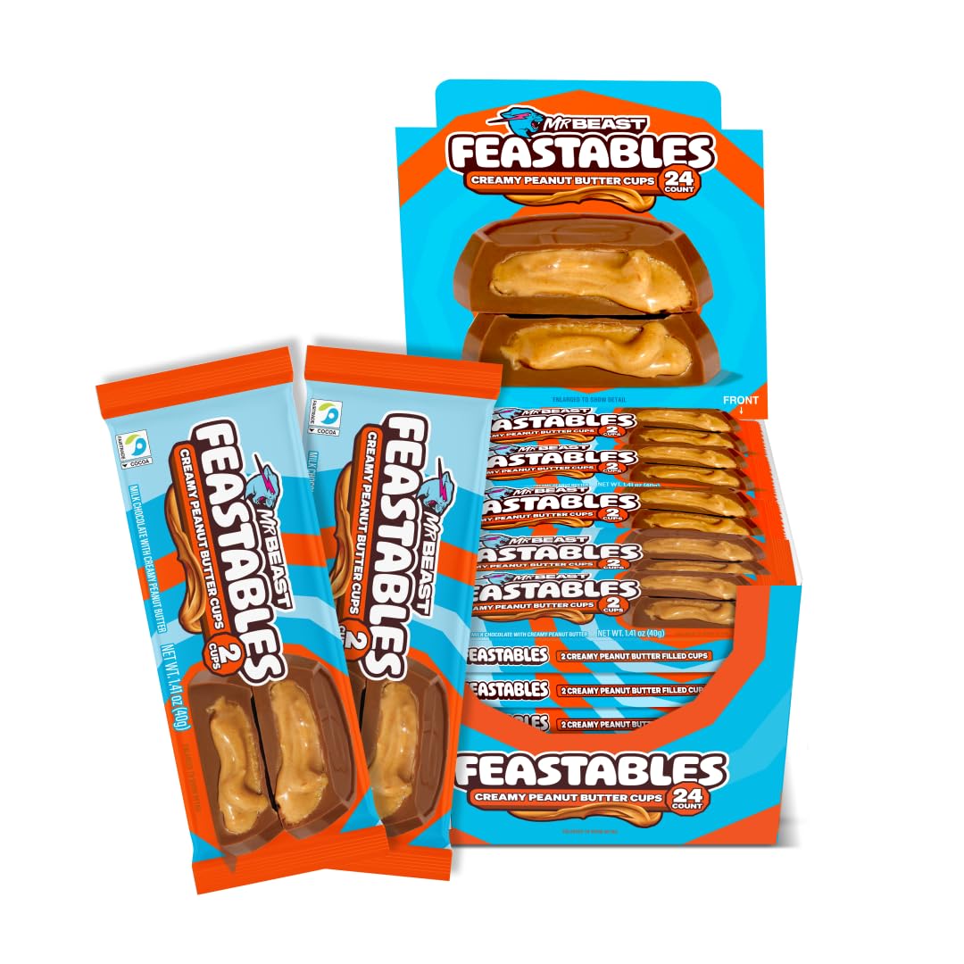 Feastables MrBeast Peanut Butter Cups – Milk Chocolate with Creamy Peanut Butter, 24 Count (2-Cup Packs)