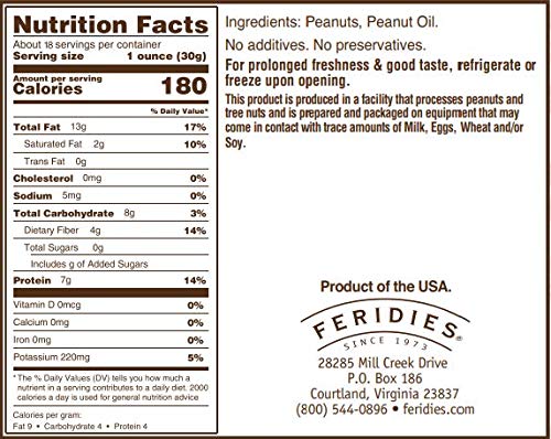 FERIDIES Unsalted Virginia Peanuts – Non-GMO Project Verified, Kosher Certified 18oz Salt-Free XL Pack